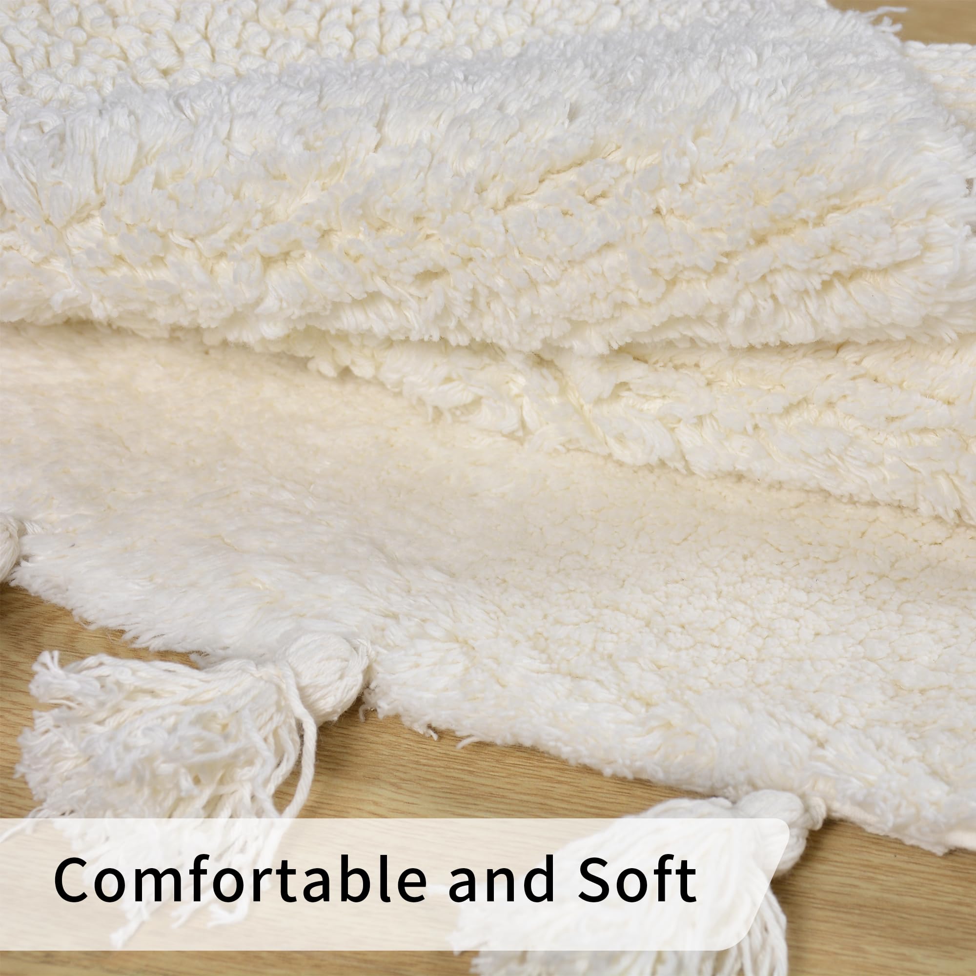 Tappeto da bagno Boho con nappe in cotone intrecciato a mano, tappetino da bagno a mezzo cerchio, tappeto da bagno lavabile in stile boho, per bagno, doccia, vasca (White)