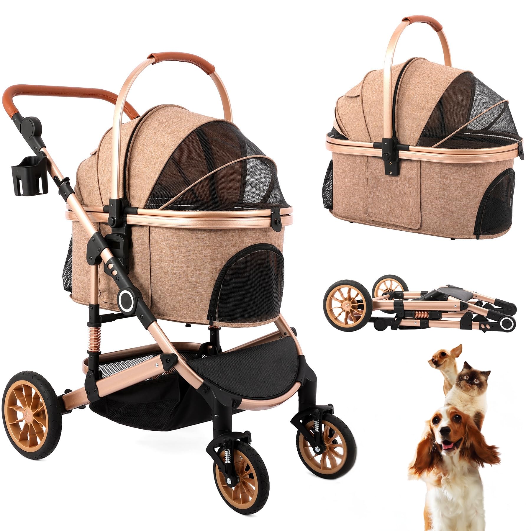 Bicystar Pet Stroller for Medium Dogs, Smooth-Ride Dog Stroller with Detachable Carrier, Rubber Wheels, Car Seat Combo 3-in-1, Up to 50 lbs, for
