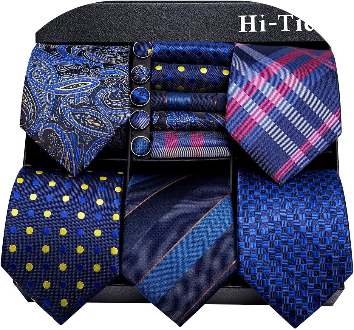 Hi-Tie Lot 5 Pcs Gift Box Mens Tie Set Necktie with Pocket Square Cufflinks Silk Neck Tie Collection