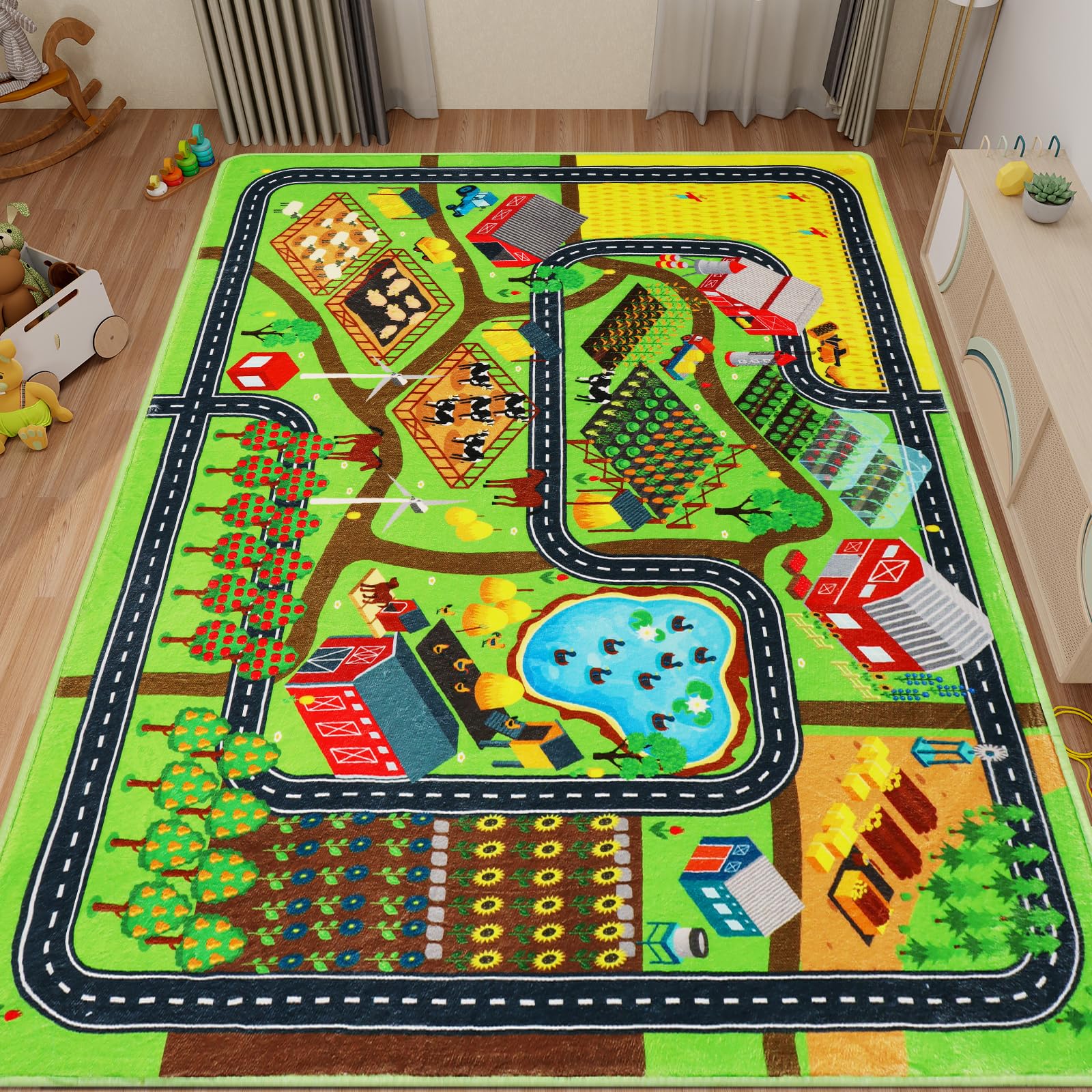 Kids Rug Play Mat for Toy Cars, 59"×78.7" Farm Life Road Traffic for Playroom Kids Car Road Rug Village Map Mat Farm Animals Washable Play Carpet for