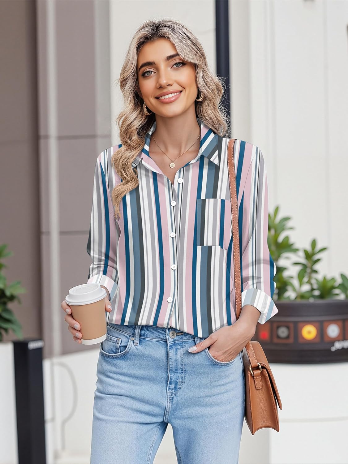 HOTOUCH Button Down Shirts for Women Long Sleeve Blouse Dressy Casual Business Work Tops with Pocket - Image 3