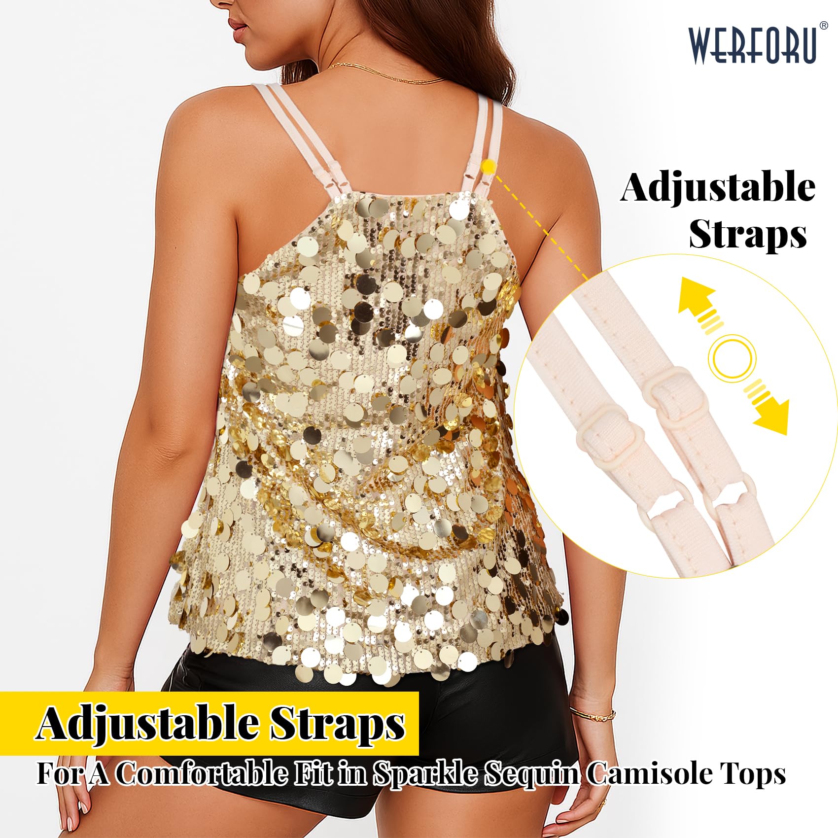 WERFORU Top de lentejuelas para mujer, con purpurina, para fiestas y | Top de lentejuelas brillantes con tirantes dobles ajustables. Adecuado para fiestas, festivales, carnaval y Navidad