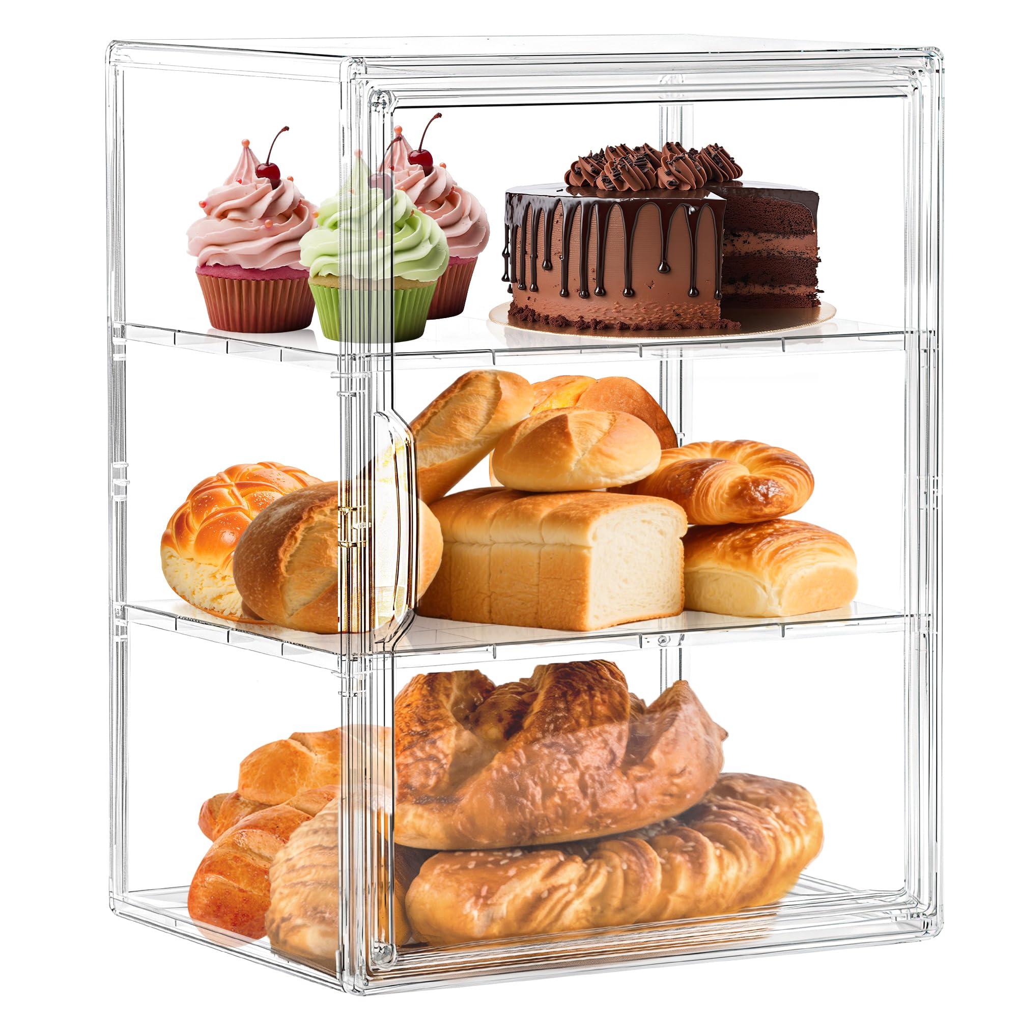 Pastry Display Case,Bread Box for Kitchen Countertop,3 Layers Clear Bread Storage with Magnetic Door Bakery Pastry Display，1 Pack