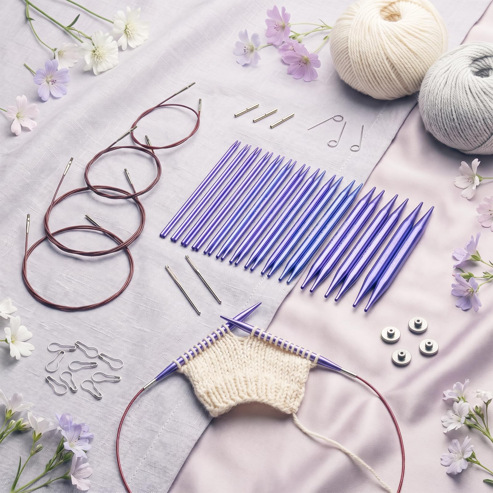RUIDI Juego de Agujas de Tejer Circulares, Agujas de Tejer Circulares Intercambiables de Aluminio Ligero y Cálido Con Estuche y Accesorios, 13 Pares de Agujas Circulares de 2,75 mm a 10 mm (Violeta)