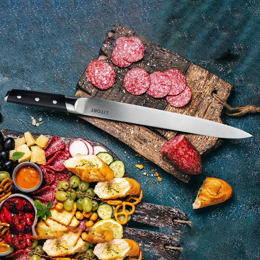 Miniatura 3 de Cuchillo de rebanar de 12 pulgadas  Cuchillo japonés para tallar carne y barbacoa para Turquía  Acero alemán de alto carbono  Pakka de gran tamaño