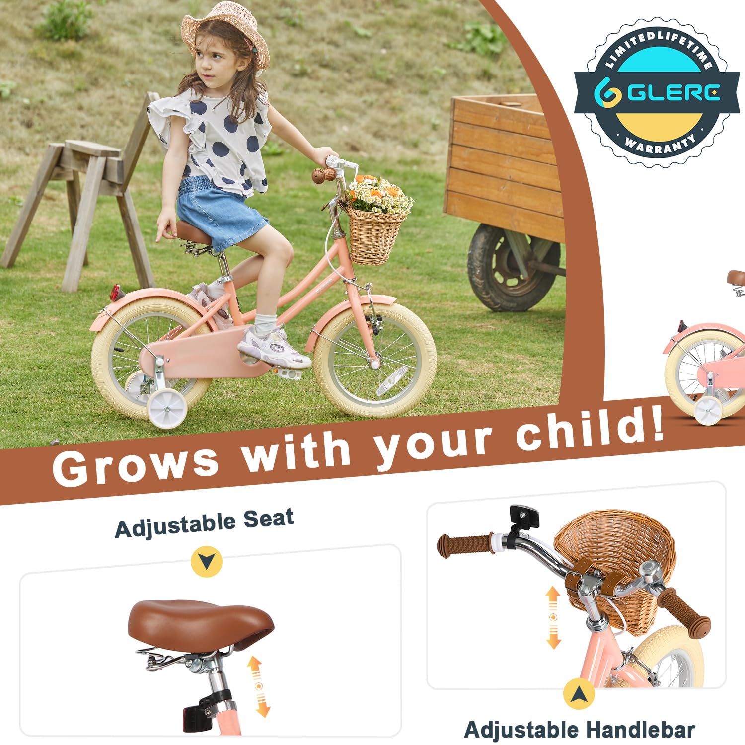 Glerc Bicicleta de 14 Pulgadas para niños y niñas de 3, 4, 5 años, Estilo  Retro Vintage, Bicicletas con Cesta de Entrenamiento Ruedas y Campana,  Verde melocotón : : Deportes y aire libre