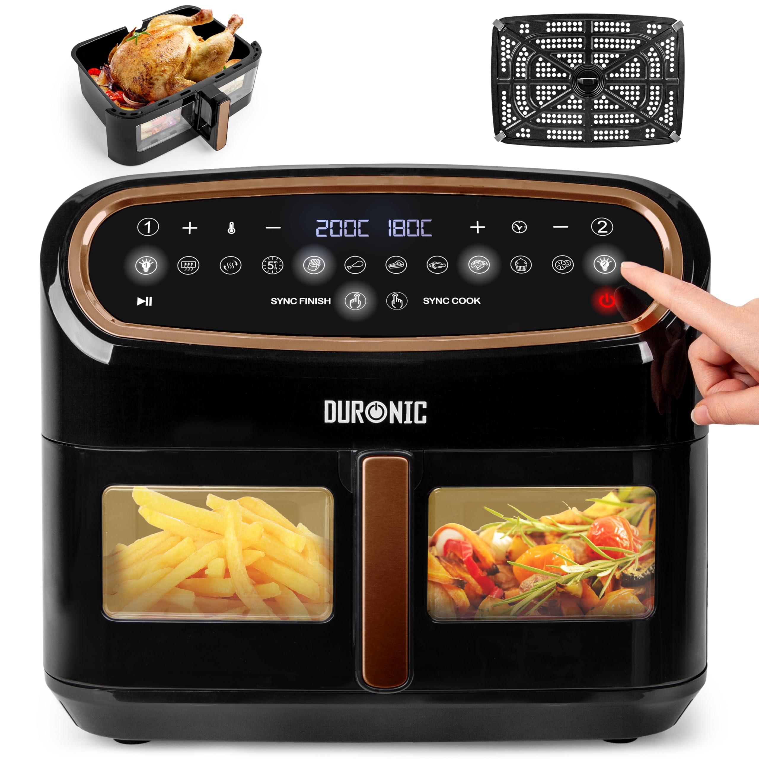 Duronic XXL Digital Air Fryer AF14 BG 10L Family Size Air Fryers Double Drawer 10in1 Dual Zone Extra Large AirFryer with window for Family Cooking with Dishwasher Safe Non-Stick Basket Black & Gold โ image 1