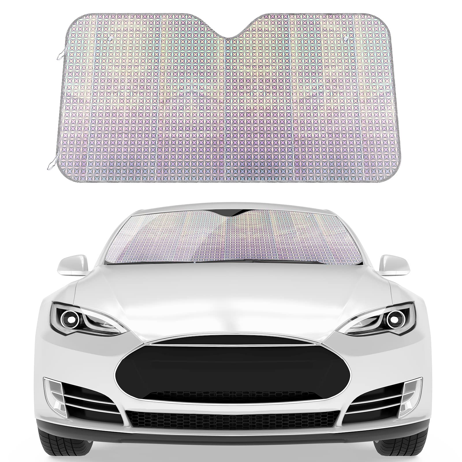 Xizopucy Car Windshield Sunshade, Accordion Foldable Front Windshield Sun Shade 5-Layer UV Protection Auto Sun Visor Cover Iridescent Bling Diamond Pattern Heat Reflector (54 x 27.5 Inch)