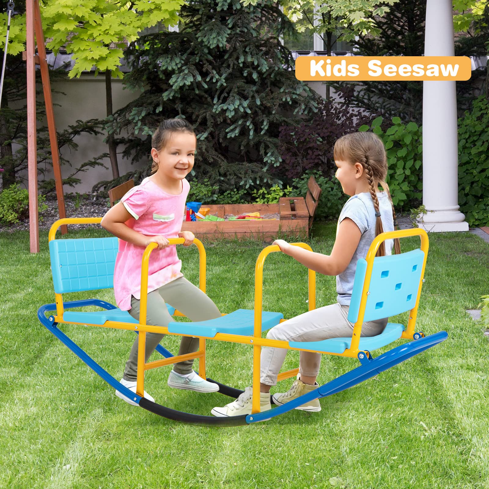 GLACER Teeter Totter Seesaw for Kids, 3-Person Metal Rocking Seesaw for Boys Girls Ages 3-8, 2 in 1 Indoor Outdoor Rocker Toy with Easy-Grip Handles, Playground Equipment for Backyard (Blue)
