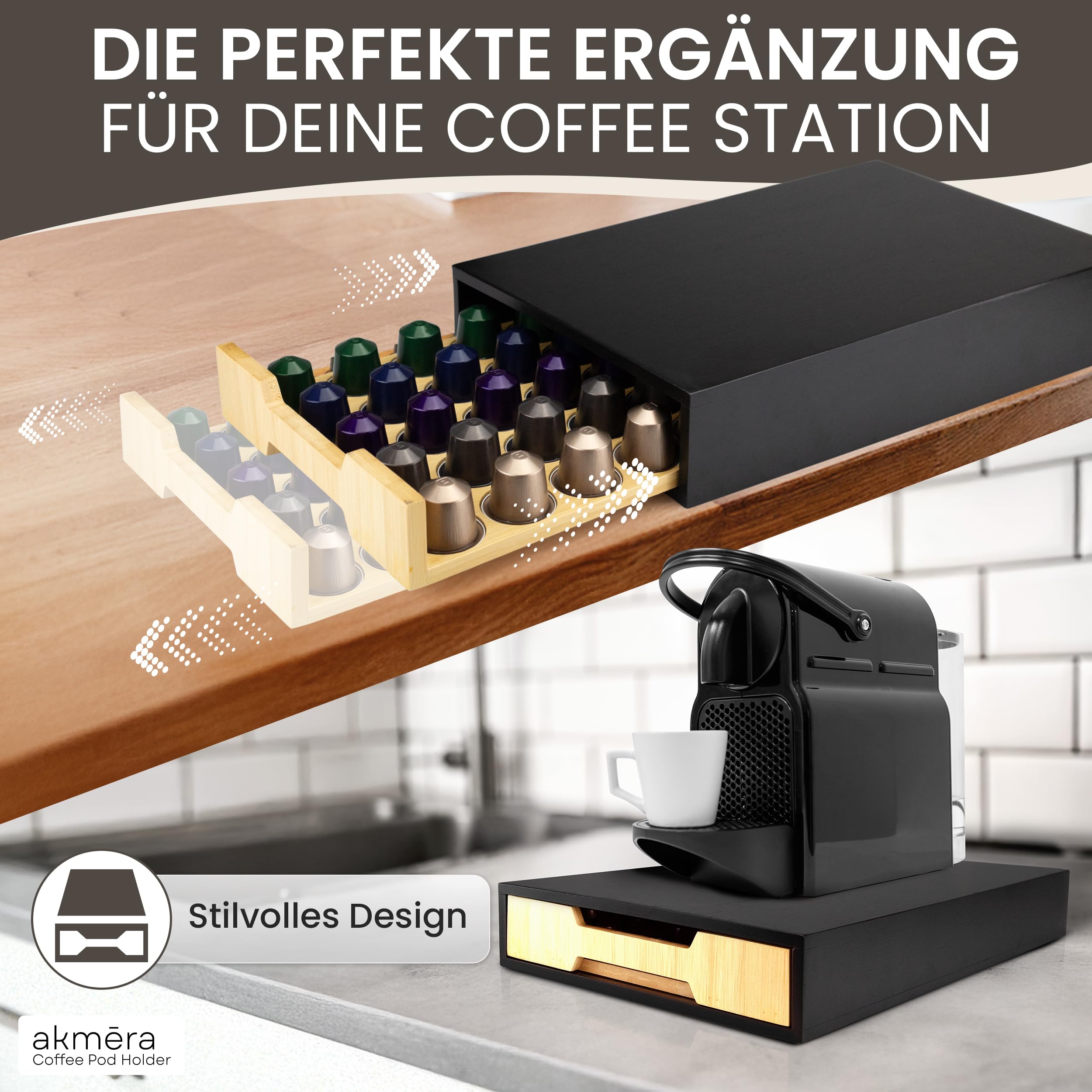 akmera - Soporte para cápsulas Nespresso, práctico almacenamiento para 45 cápsulas Nespresso como soporte para cápsulas Nespresso, cajón con compartimentos individuales para guardar cápsulas Nespresso