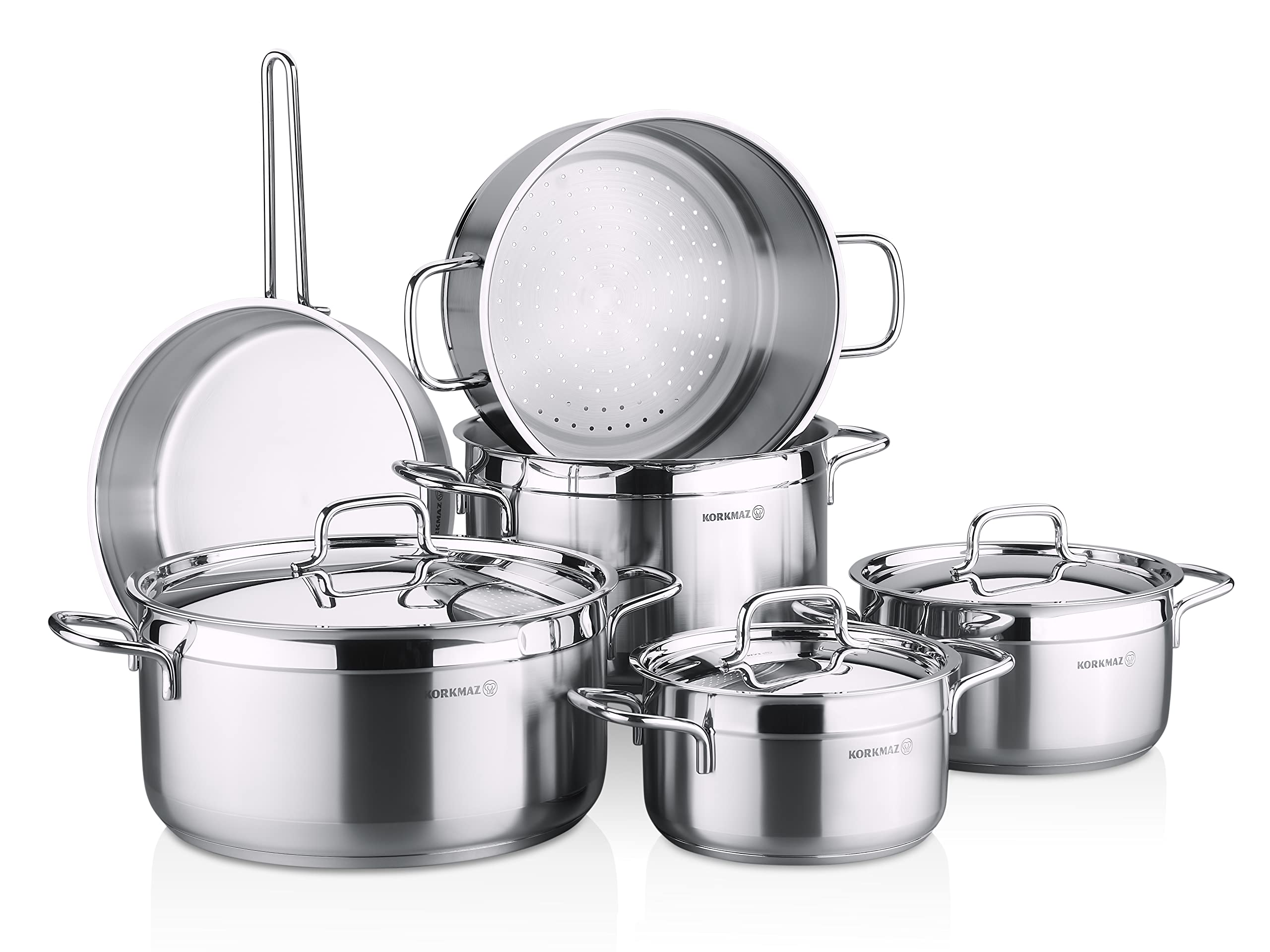 Korkmaz Alfa Plus Couscous 10 Pcs Tri-Ply Bottom Stainless Steel Cookware Set | Sandwich Bottom Induction Compatible Pots and Pans Set | Silver - KA1998