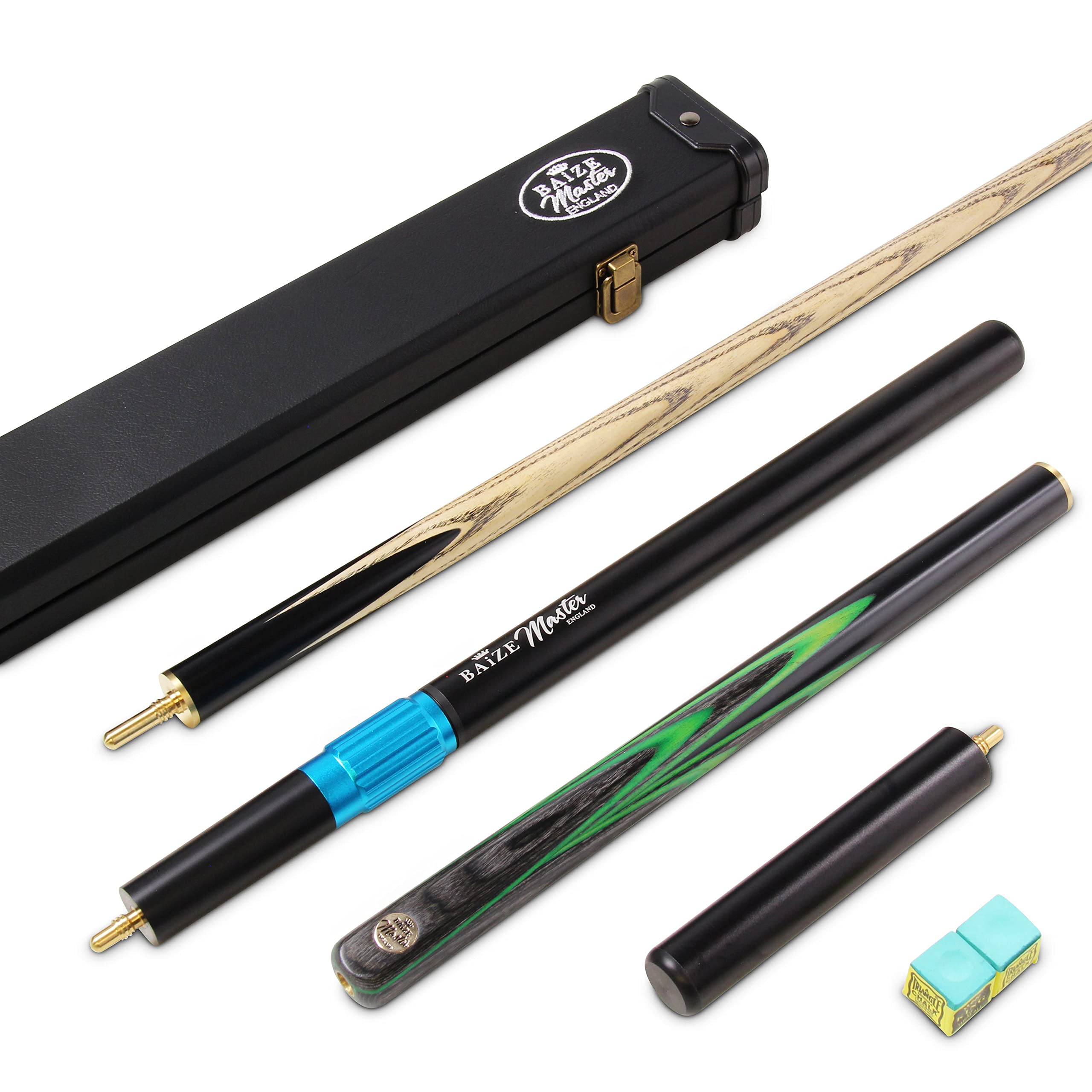BAIZE MASTER Gold Series EMPEROR SNOOKER CUE SET with 58 Inch Hand Spliced 3/4 Joint Cue 9.5mm Tip, Deluxe Black White Interior Hard Case, Long Telescopic Extension and 2 x Chalk (Green Goblin)
