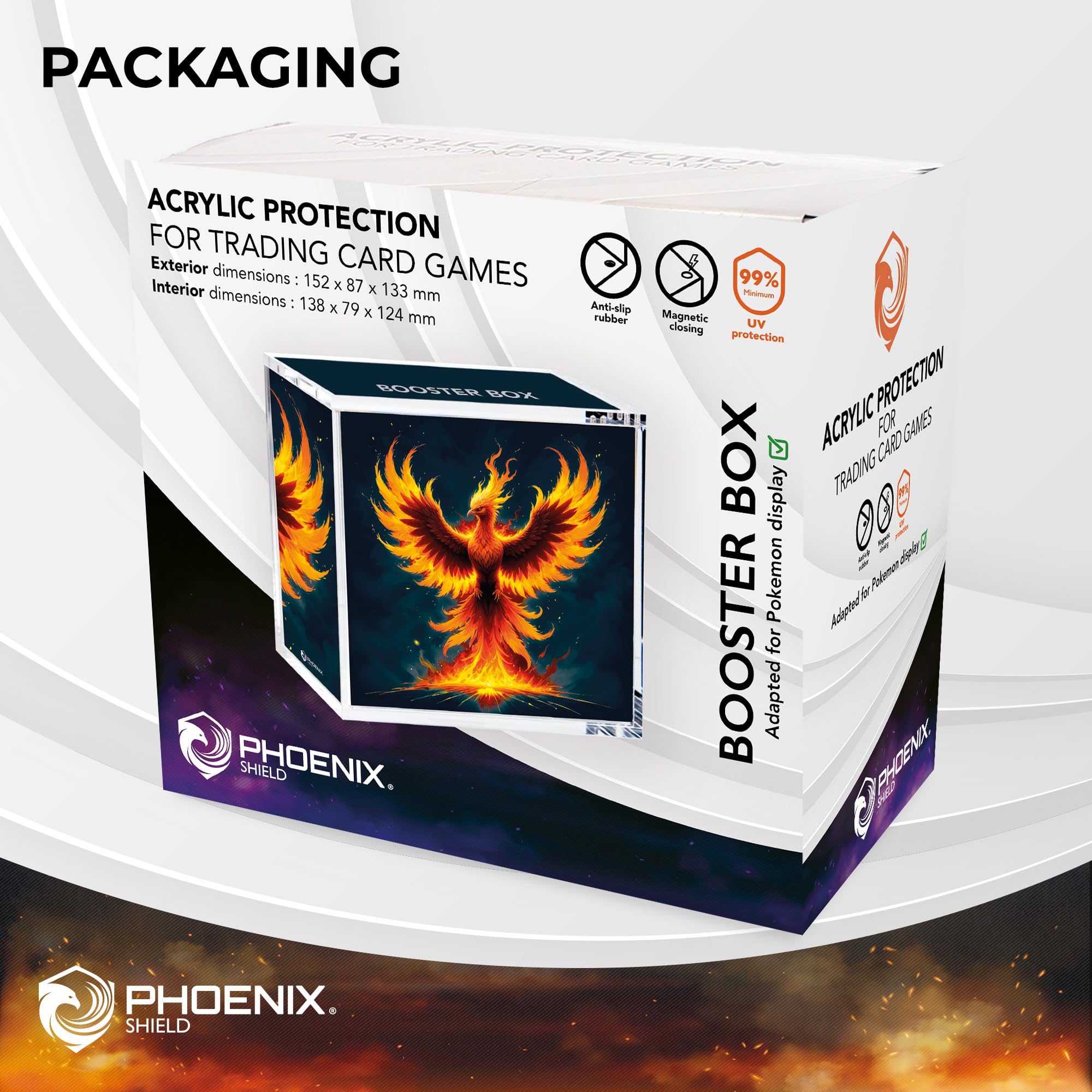 Phoenix Shield + Display Booster Box + Boitier Acrylique Protéction UV 98% avec Fermeture Magnétique.
