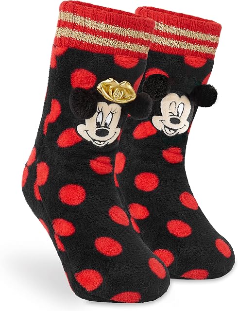 Disney Women Slipper Socks, Minnie & Mickey Fluffy Fleece Lined Socks Non Slip