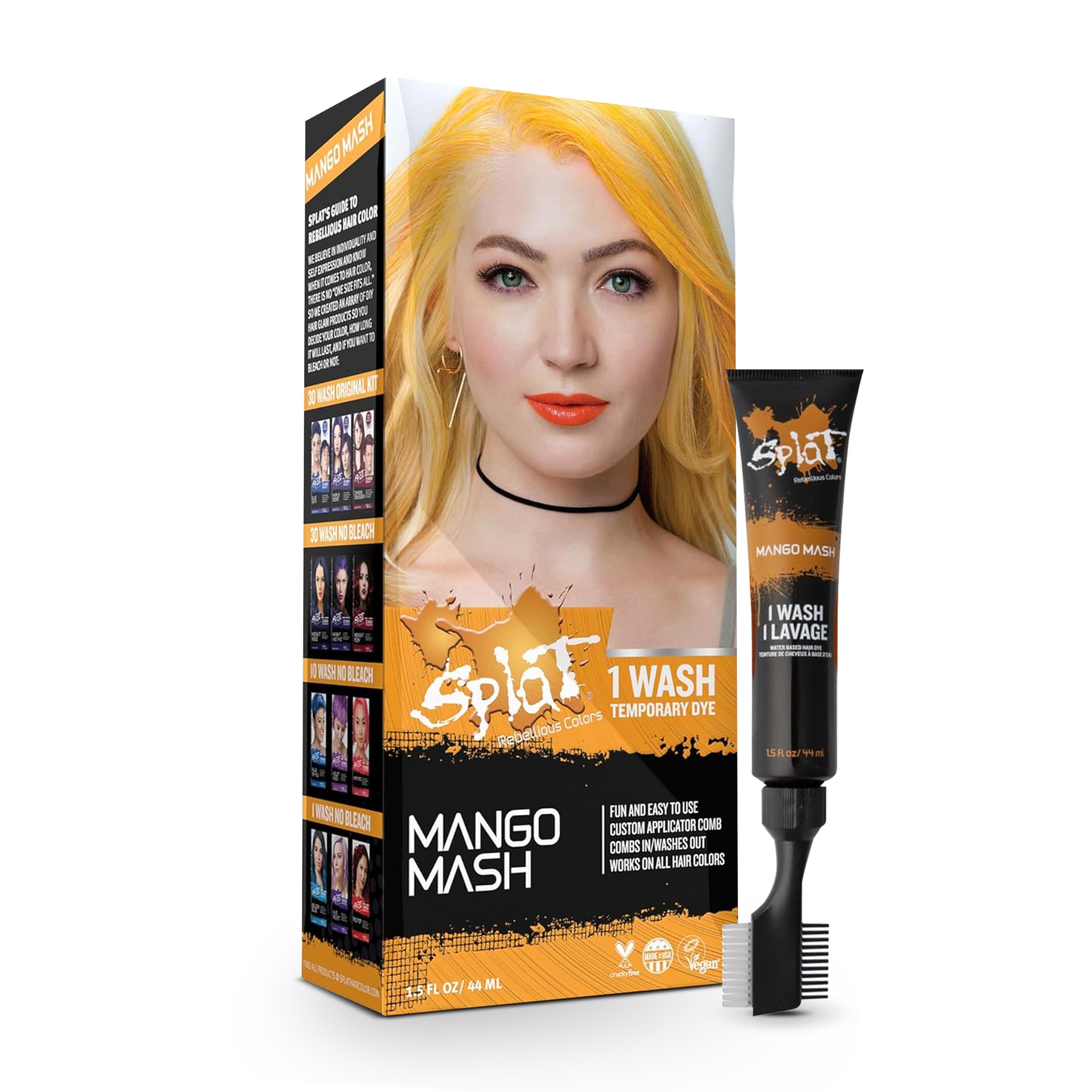 Splat Mango Mash 1 Wash Temporary Hair Dye, 1.5 oz. Single Application, Comb Applicator and Quick Dry Formula, Easily Washes Out, Vegan & Cruelty Free