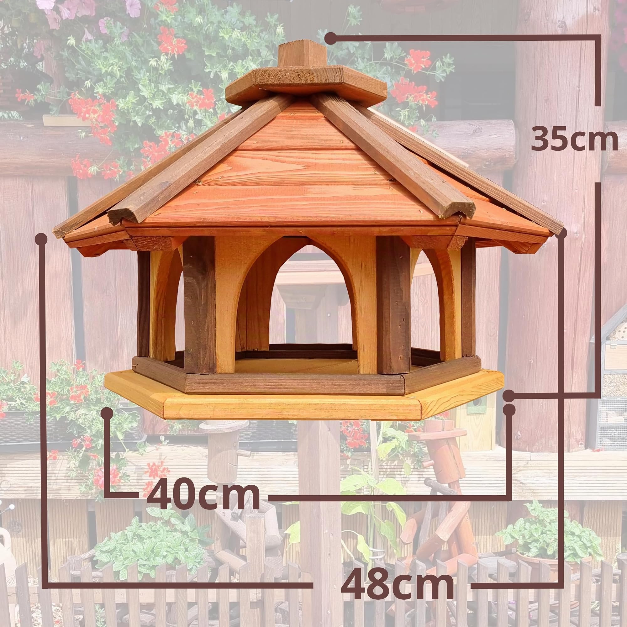 Mangeoire pour oiseaux en bois hexagonale, station d'alimentation pour oiseaux sauvages à poser dans le jardin. Mangeoire pour oiseaux (brun+rouge+jaune)