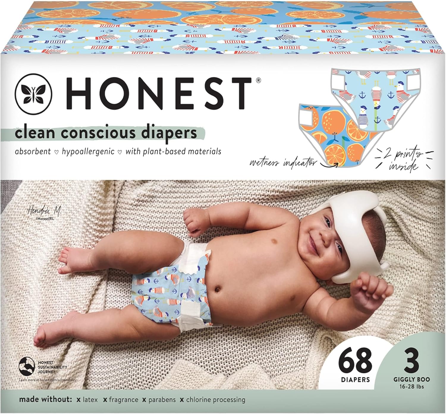 The Honest Company Clean Conscious Diapers | Plant-Based, Sustainable | Orange You Cute + Feeling Nauti | Club Box, Size 3 (16-28 lbs), 68 Count