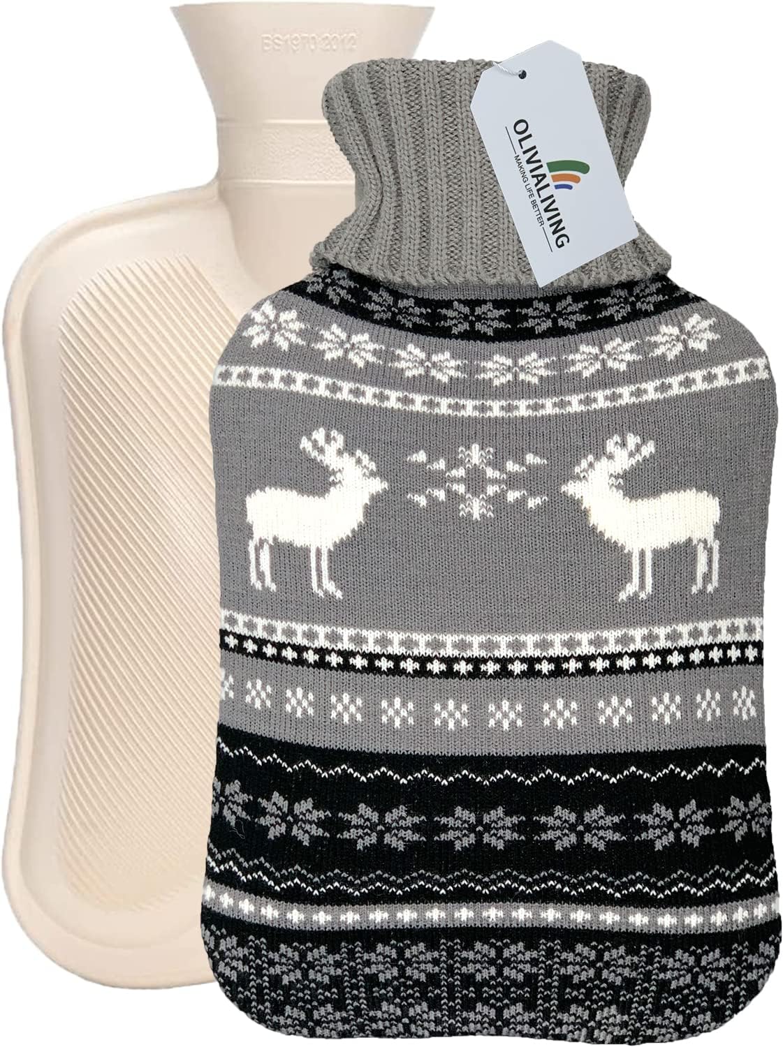 Hot Water Bag Hot Water Bottle 2 Liter Heat Up and Refreezable Hot Cold Pack with Knit Cover for Pain Relief Hot Cold Therapy, Nordic Deer