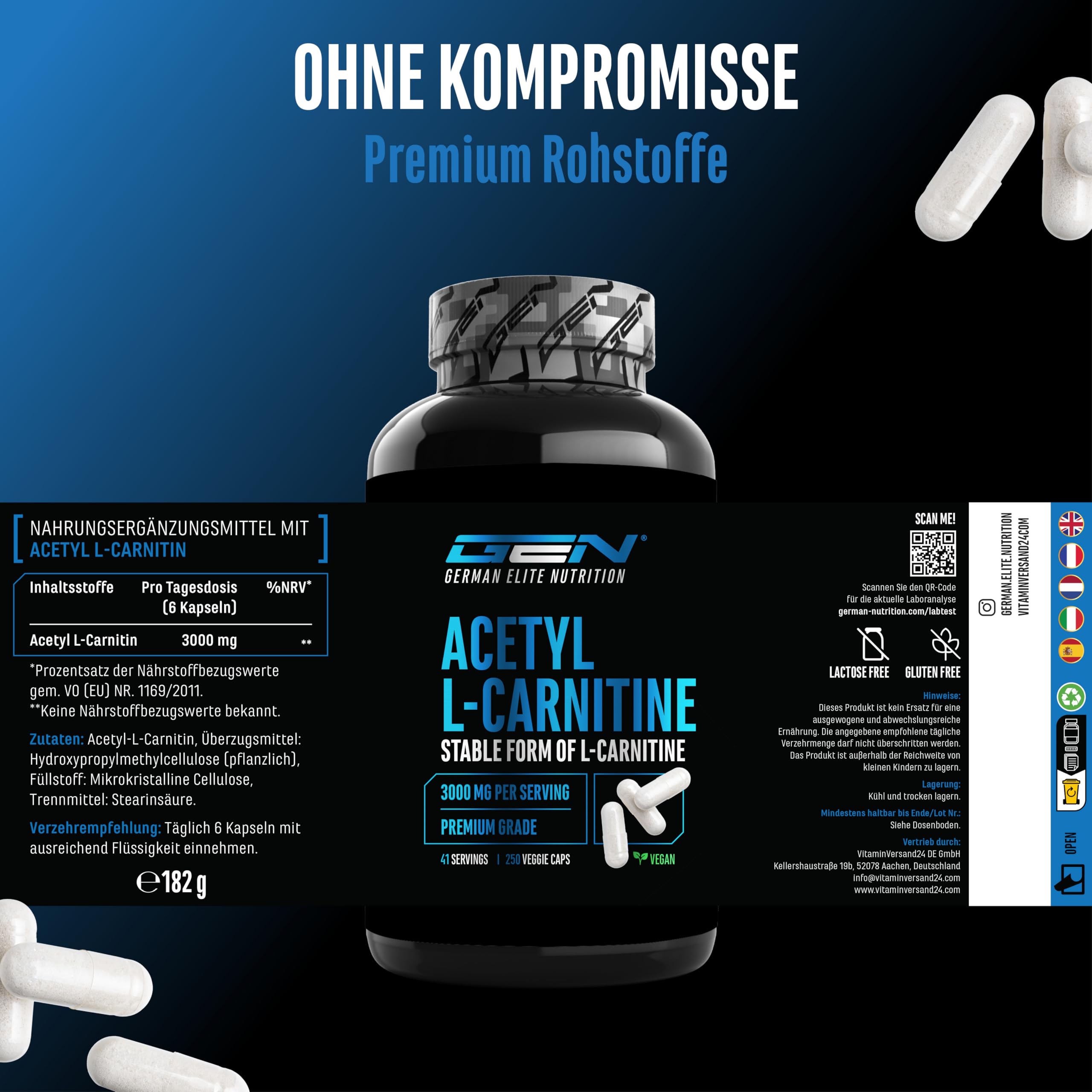 Acetyl-L-Carnitin - 250 vegane Kapseln - 3000 mg pro Tagesportion - Hochwertige Acetyl-Form von L-Carnitin - Extra hochdosiert & Premiumqualität