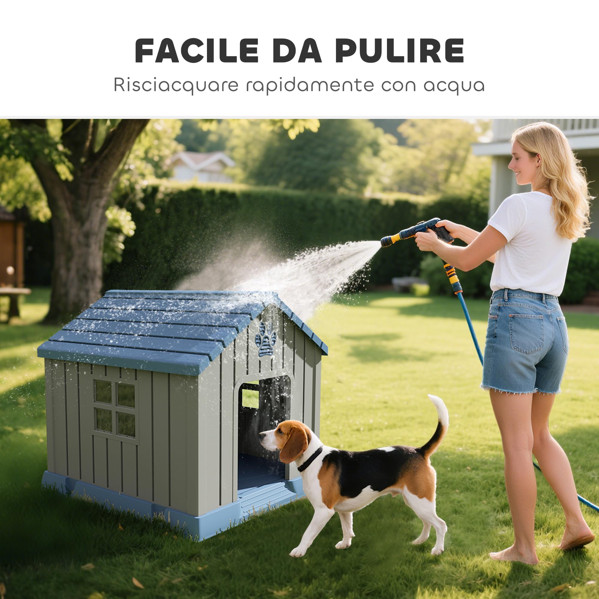 PawHut Cuccia per Cani in Plastica da Esterno Impermeabile Ventilato, Facile Montaggio, Casetta per Cani Taglia Media con Base Rialzato, Finestre e Tetto per Giardino, Patio, Casa, 85x79x82 cm, Grigio