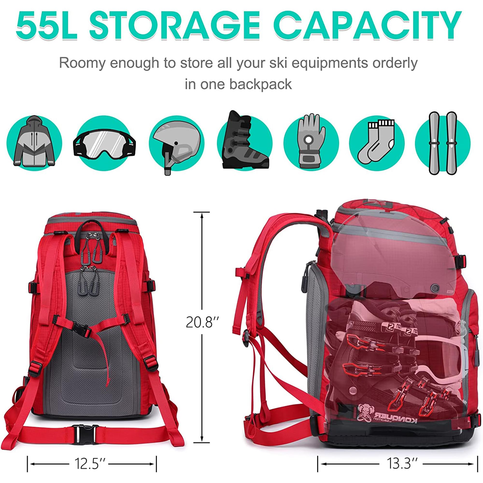 Bolsa para botas de esquí, 55 L, impermeable, para esquí, snowboard, casco de esquí, gafas, guantes y accesorios (rojo)