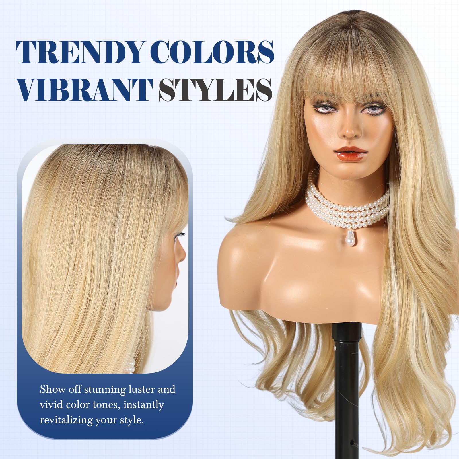HAIRCUBE Long Auburn Wig with Bangs Layered Curly Orange Wigs for Women Natural Synthetic Wigs for Daily Use (pelucas de cabello natural): Blonde
