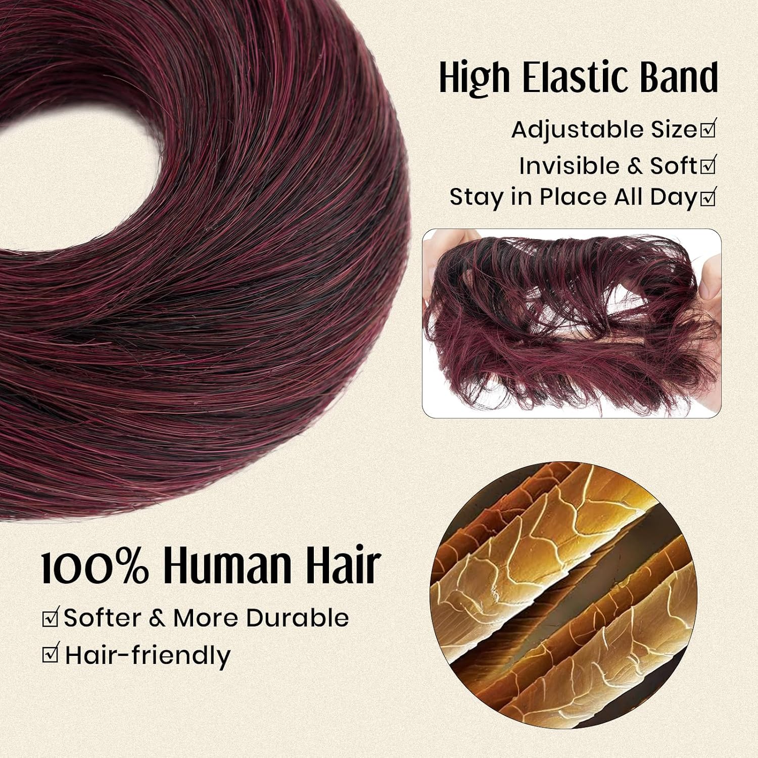 MY-LADY Messy Bun Hair Pieces Human Hair for Women Real Hairpiece Straight Scrunchies Tousled Updo Donut Chignon Ponytail Extension Jet Black & Burgundy