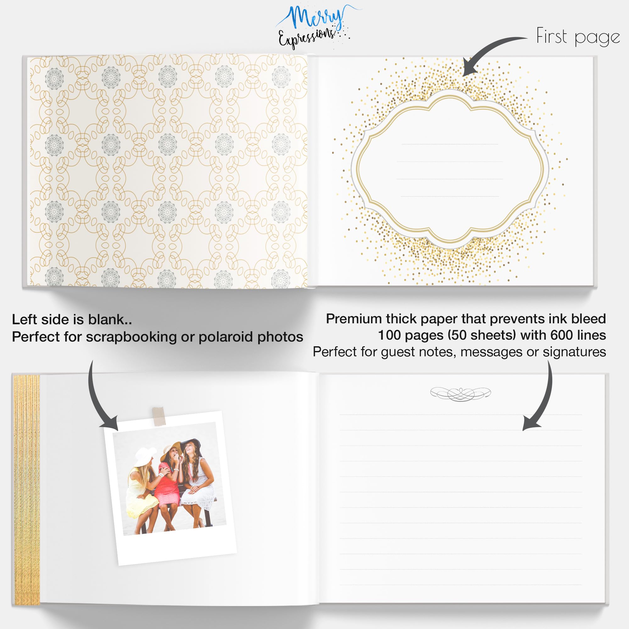 White & Gold Wedding Guest Book w/ Pen & Table Sign - Guestbook Sign in for Reception, Birthday Parties, Bridal or Baby Shower - Gilded Pages, Size 7