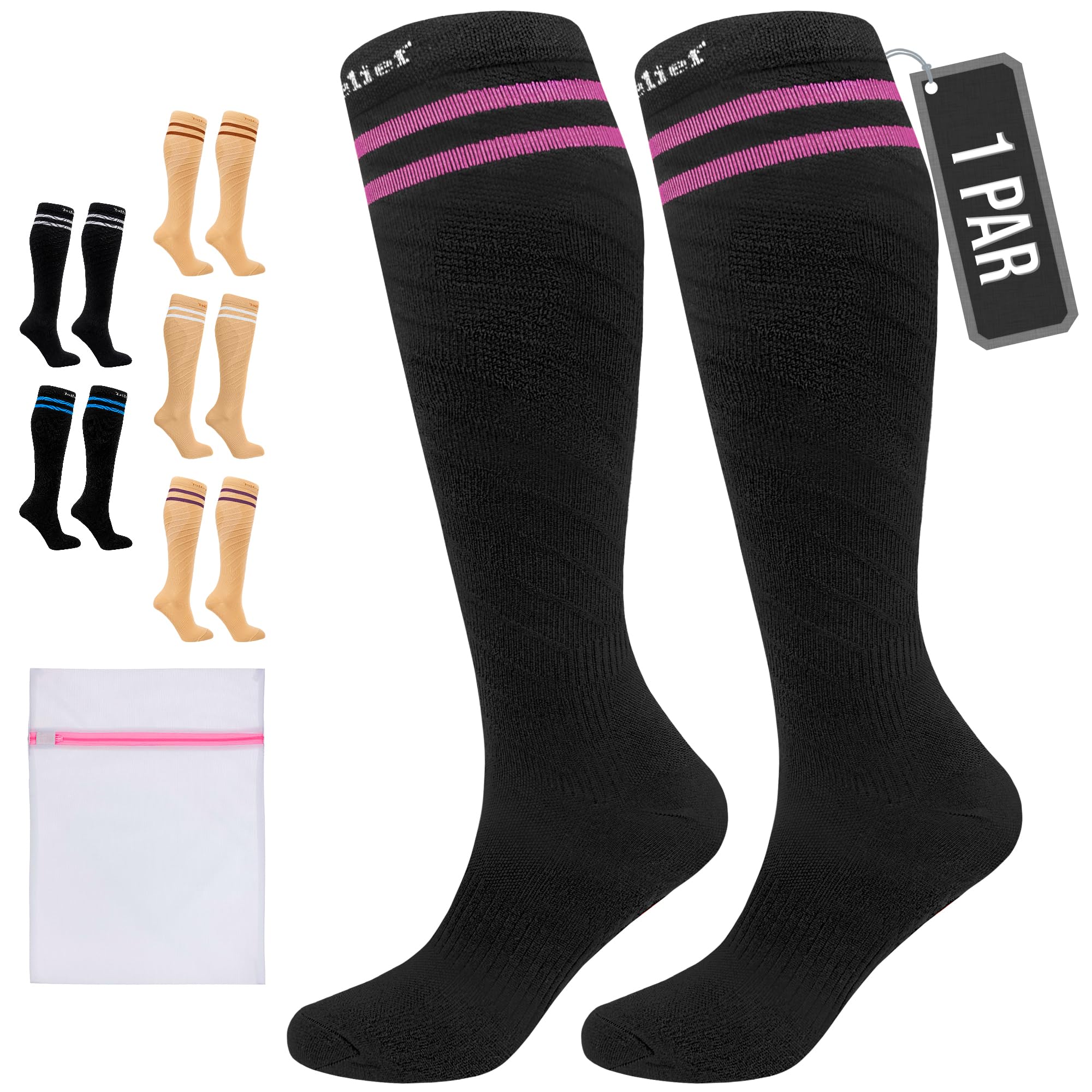 360 Relief Medias de Compresión Mujer y Hombre - 1 Par Calcetines de Compresión para Deportes, Correr, Volar, Viaje, Trabajo, Footing - S/M Beis con Bolsa de Malla — view 47