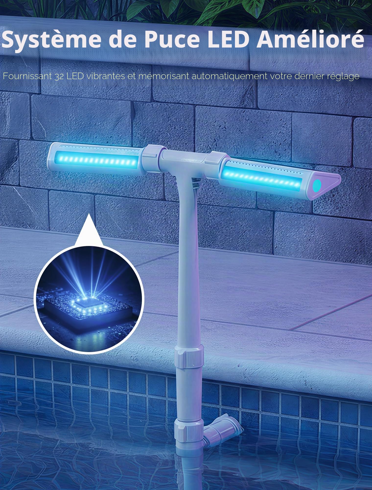 Fontaine solaire de piscine 2026 avec lumières 10 couleurs et 4 modes, arroseur cascade à double pulvérisation réglable à 360°, compatible avec les piscines au-dessus et creusées pour une relaxation
