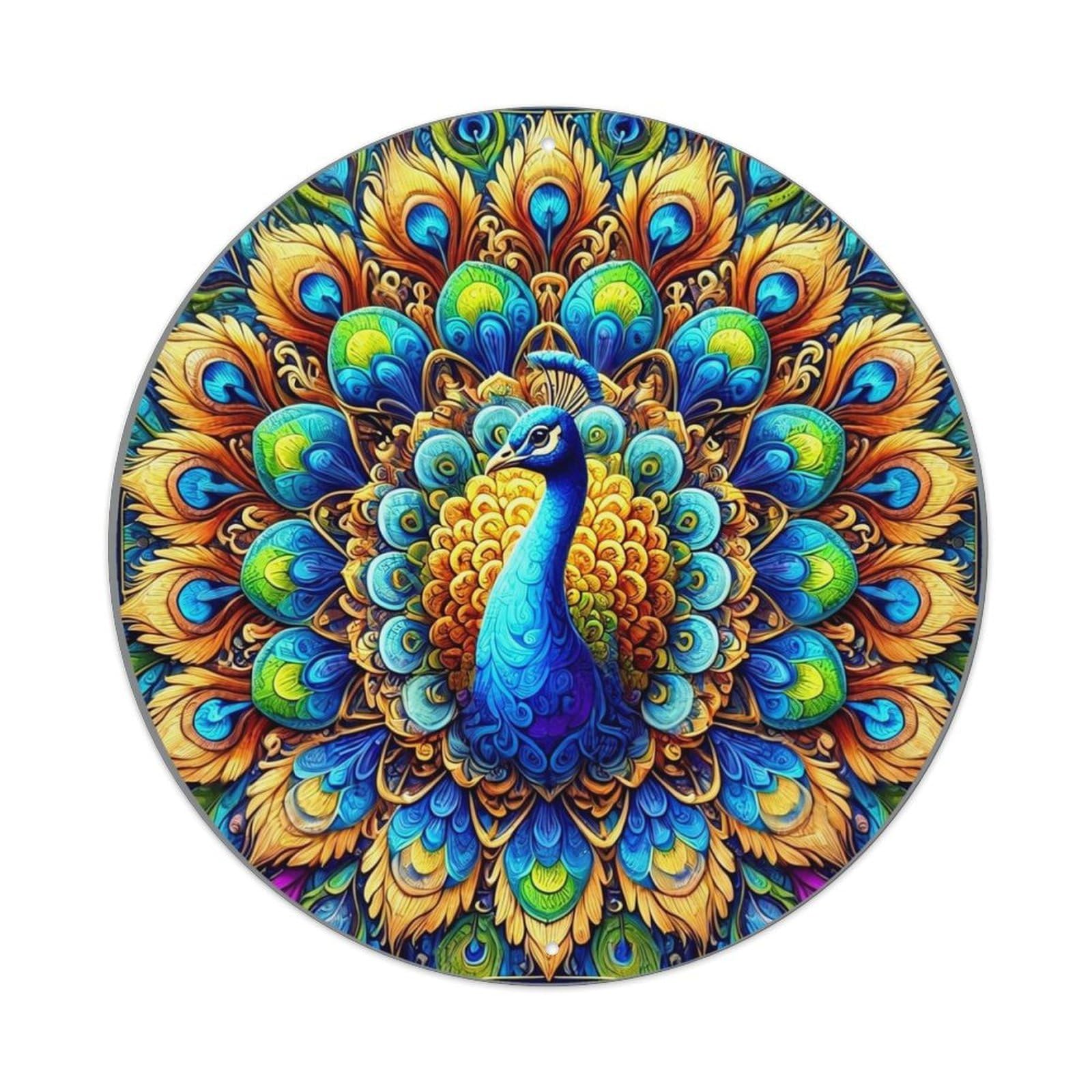 Vibrant Peacock Mandala Art Print Retro Metal Tin Sign, Vintage Metal Poster for home, Gaming Room, Studio Workshop,Bar,Garage Wall Art Decor 8x8 inch