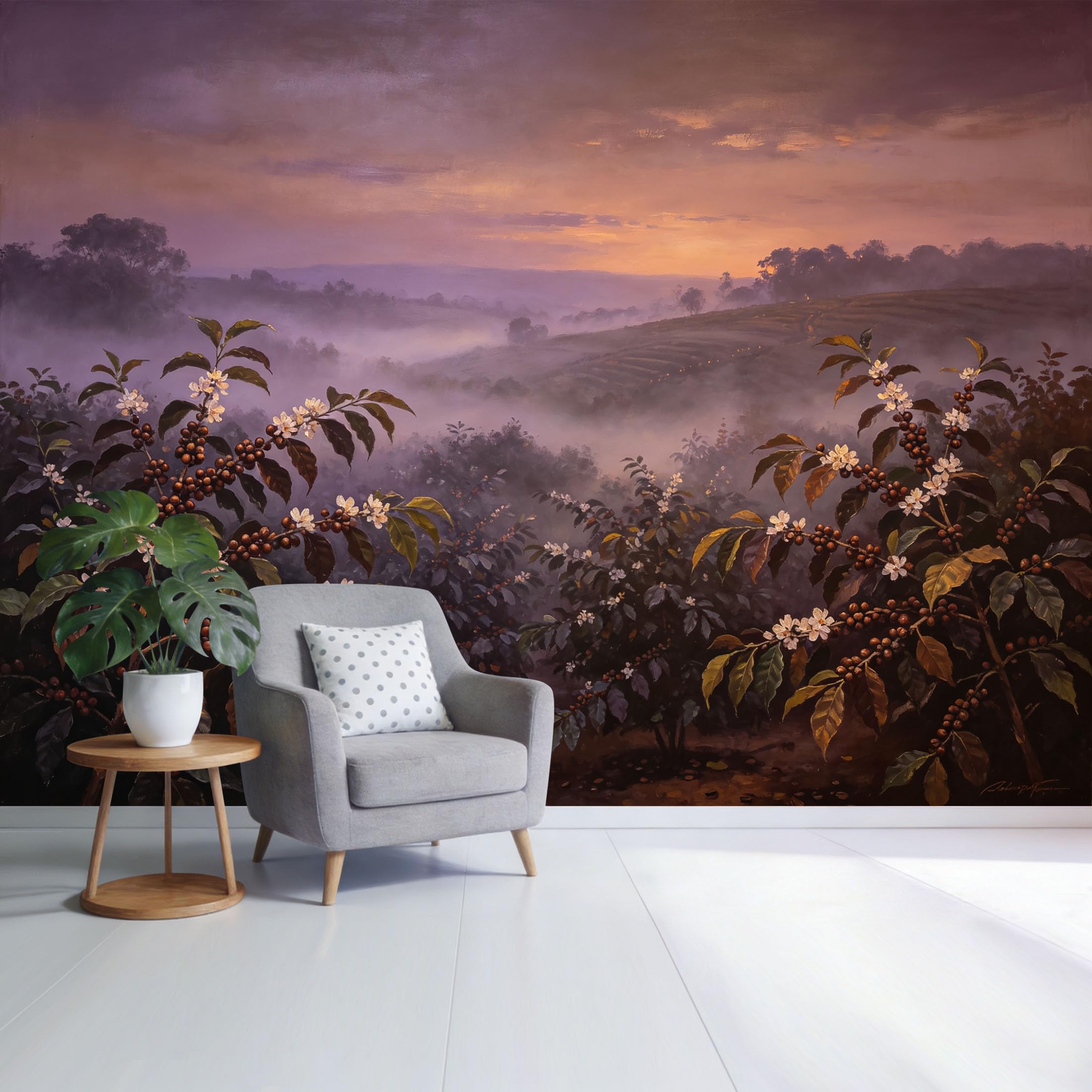 Custom Size Wall Mural Misty Mountain Landscape Coffee Blossom Farm Sunrise Botanical Oil Painting SelfAdhesive Wall Fabric Removable Wallpaper for Home Office Decor