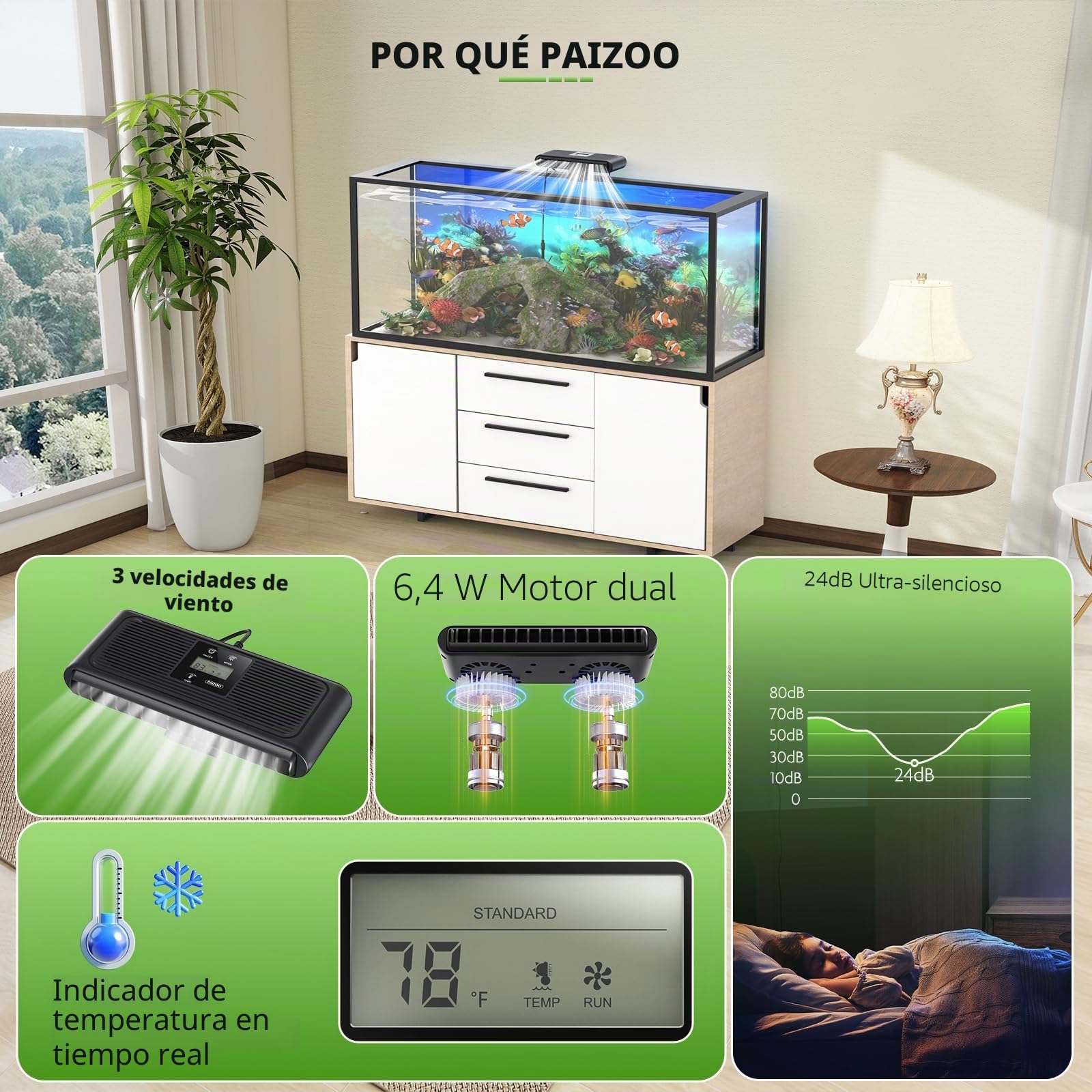PAIZOO Ventilador enfriador de acuario, control automático de temperatura, ventilador enfriador de tanque de peces para acuario con sonda de temperatura, pantalla LCD, 3 modos de velocidad, enfriador