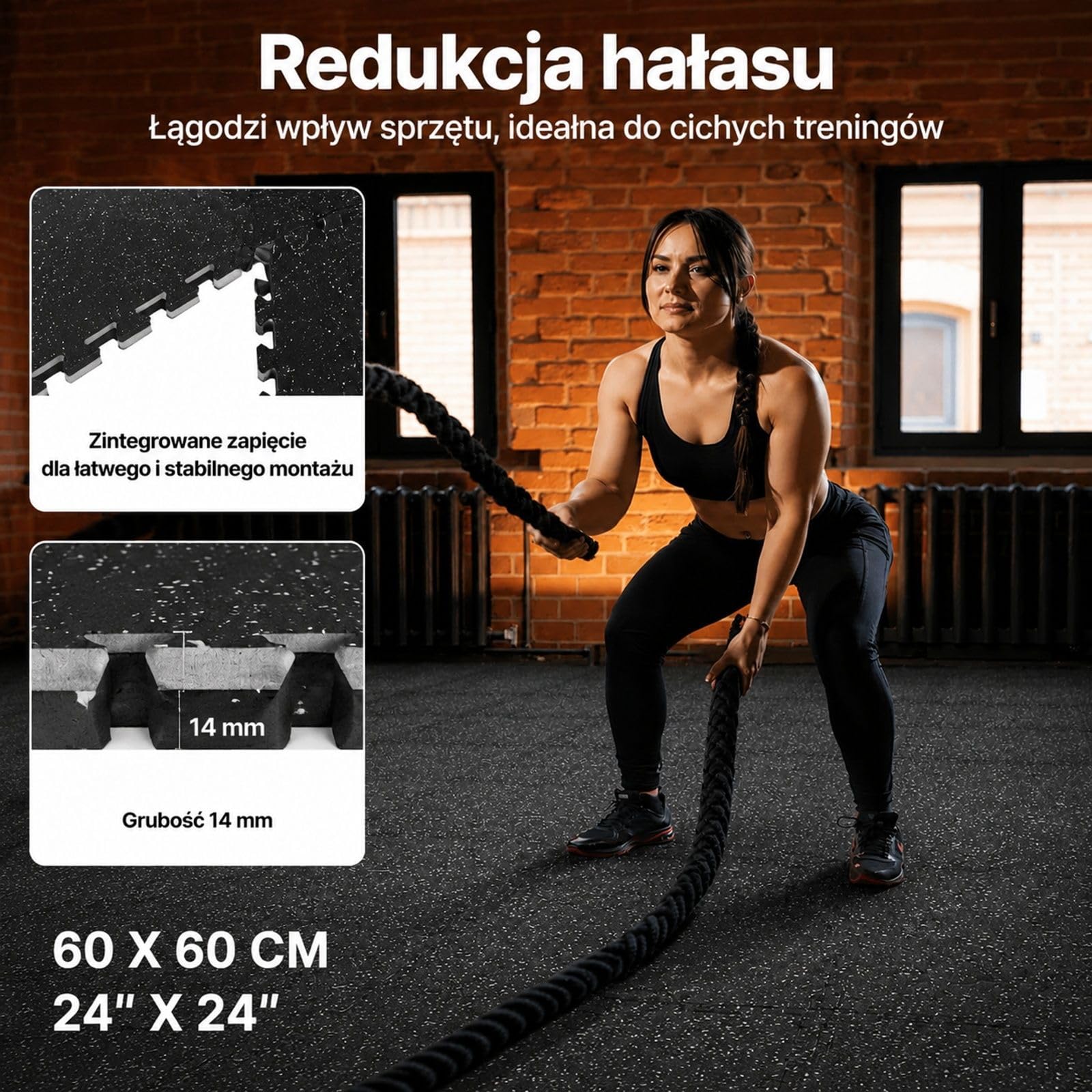 Zestaw 6 mat puzzle z pianki EVA, czarne z szarymi kropkami, łączone, do fitnessu, siłowni, domu, biura