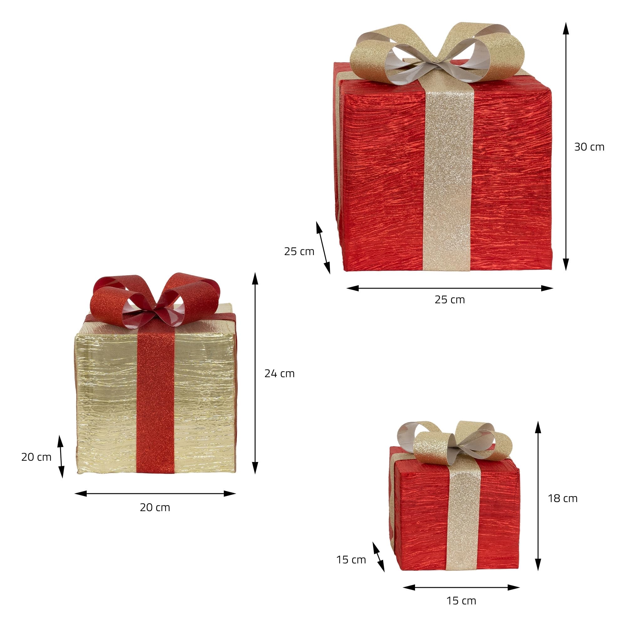ECD Germany Set de 3 Boîtes Cadeaux LED avec 90 LED Blanc Chaud, Rouge-Or, Structure en Fil Métallique, Décoration de Noël Intérieure, Boîte Cadeau Illuminée Fonctionnant sur Piles avec Minuterie