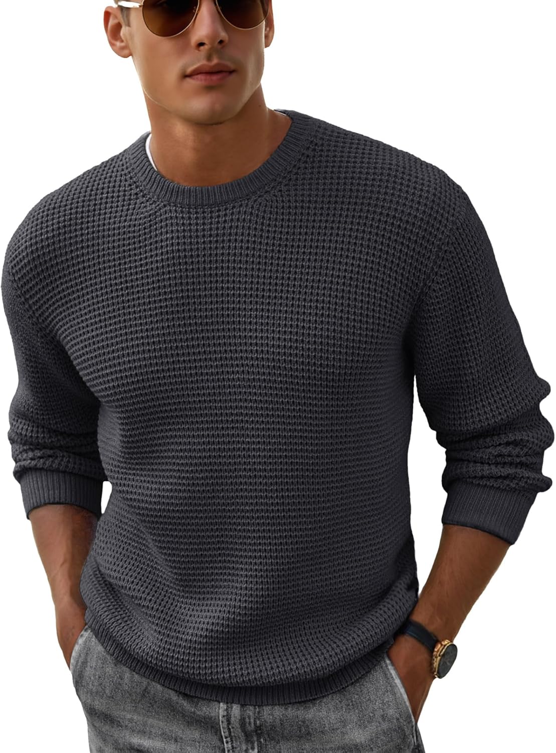 Askdeer Men's Pullover Sweater Waffle Textured Long Sleeve Knit Crewneck Casual Sweater