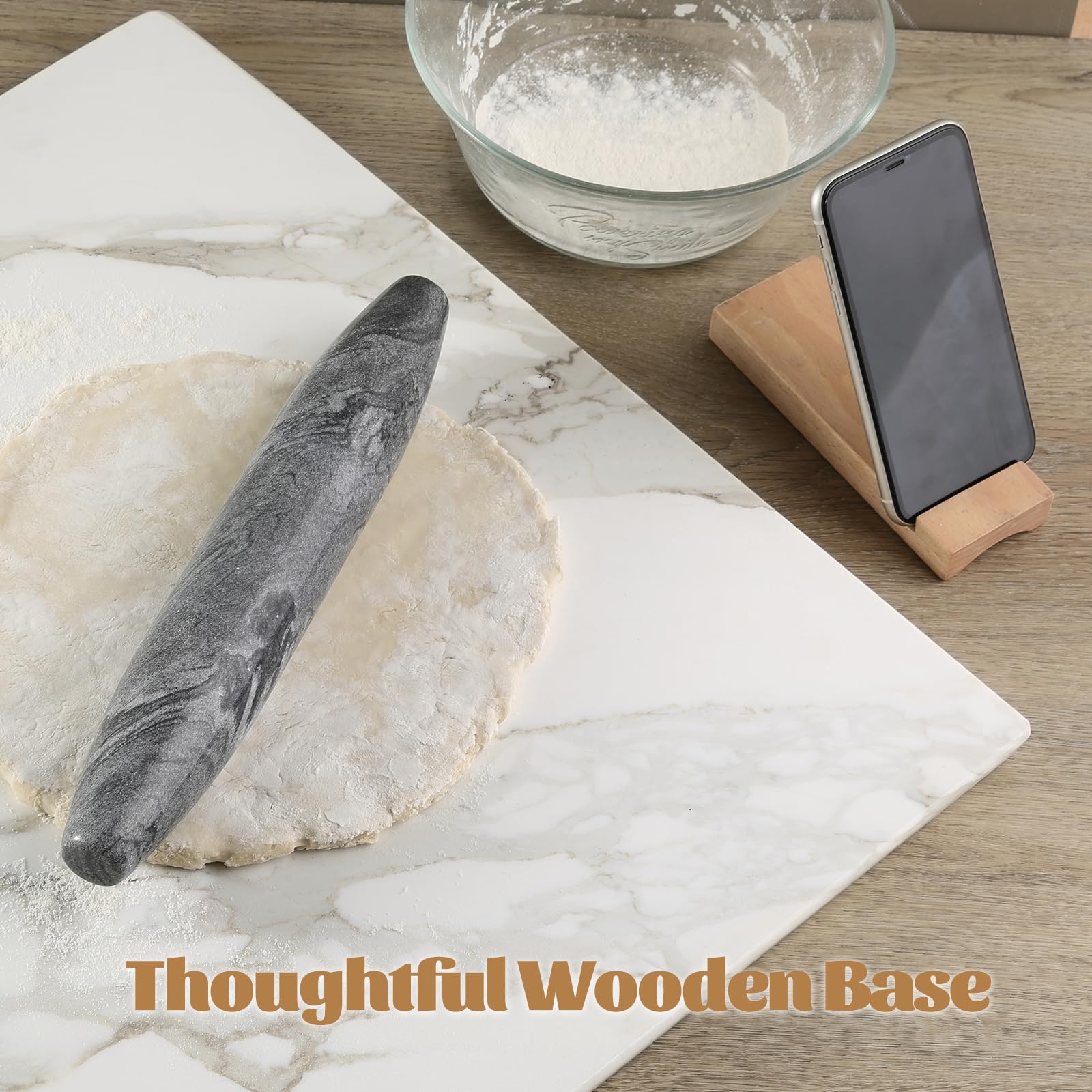 Koville Mattarello francese in marmo grigio naturale africano, mattarello antiaderente da 30,5 cm per cottura, rullo per pasta, gnocchi, fondente, torta, pane, pizza, utensili da cucina