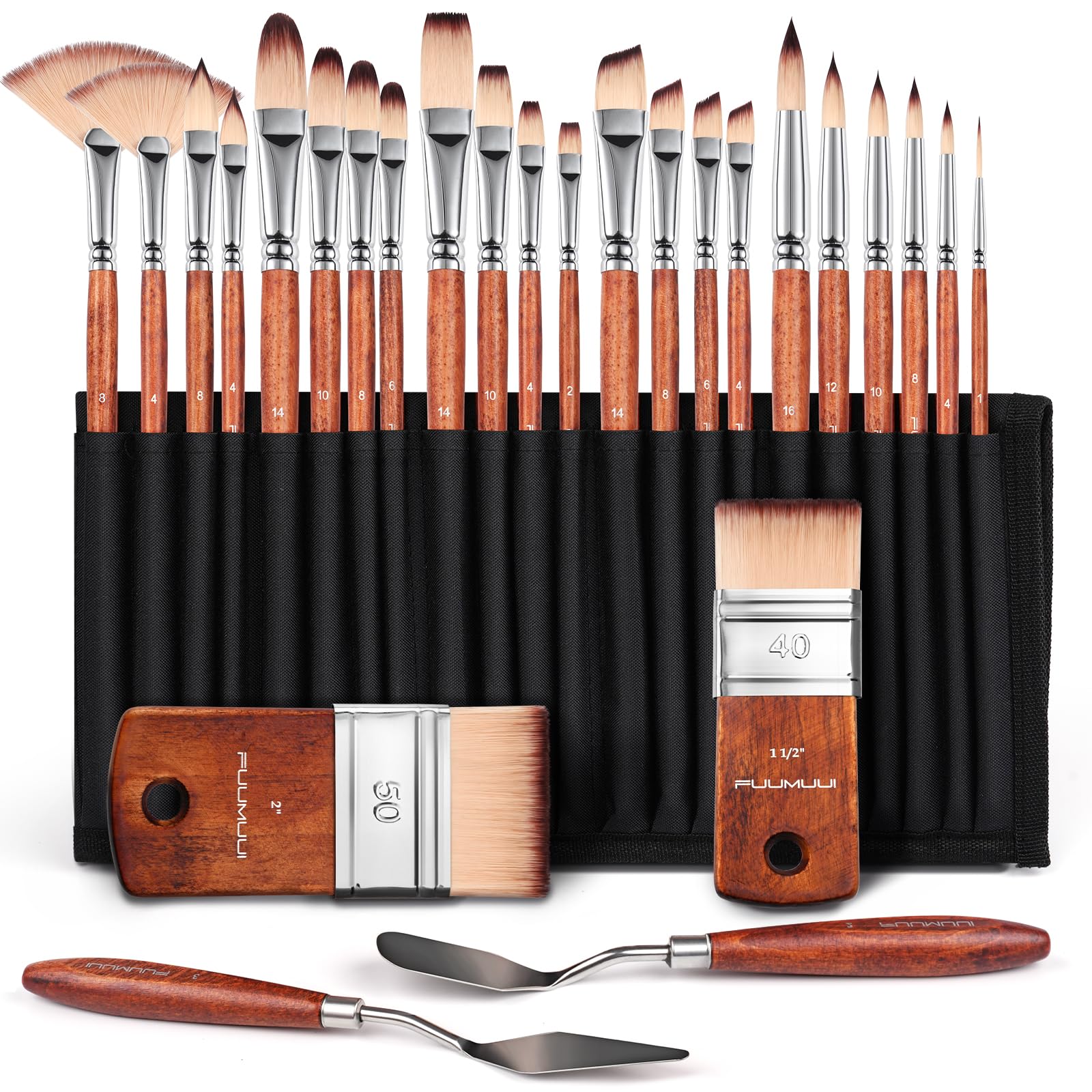 Fuumuui Pinselset Acrylfarben - Premium Synthetisches Künstlerpinsel mit Organisationstasche und Spachtel für Acryl, Aquarell, Öl,Gouache, Steinmalerei | kein Haarverlust | Acryl Pinsel, Öl Pinsel