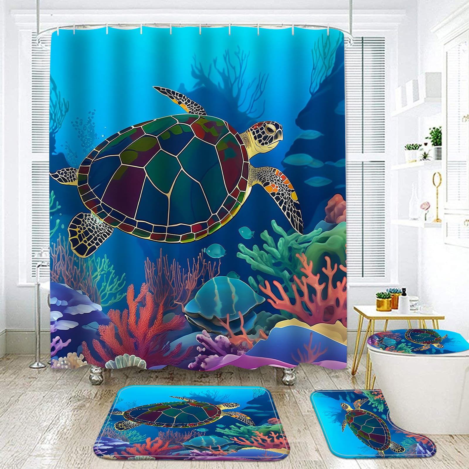 Newsuyaa Blue 4 Piece Sea Turtle Shower Curtain Bathroom Set, Teal Underwater Seaweed Seashell Shower Curtain With Bath Rugs Toilet Seat Cover, Marine Animals Teal Ocean Shower Curtains With Hooks (Blue)
