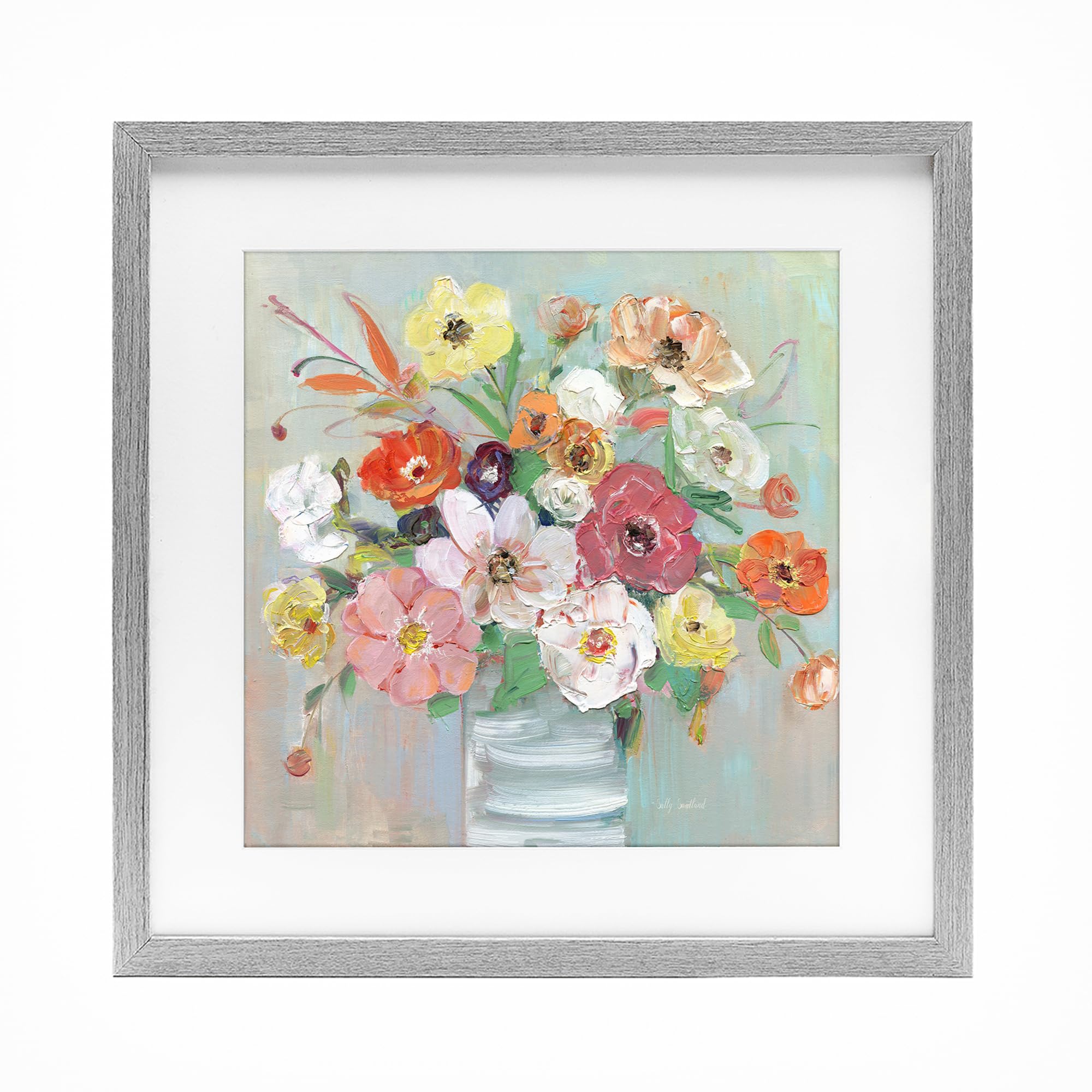 Stupell Industries 'Energetic Blossom Bouquet', Framed Print Under Glass, Gray, 13 x 13 Inches, Easy to Hang and Sturdy, Made in USA, by Sally Swatland