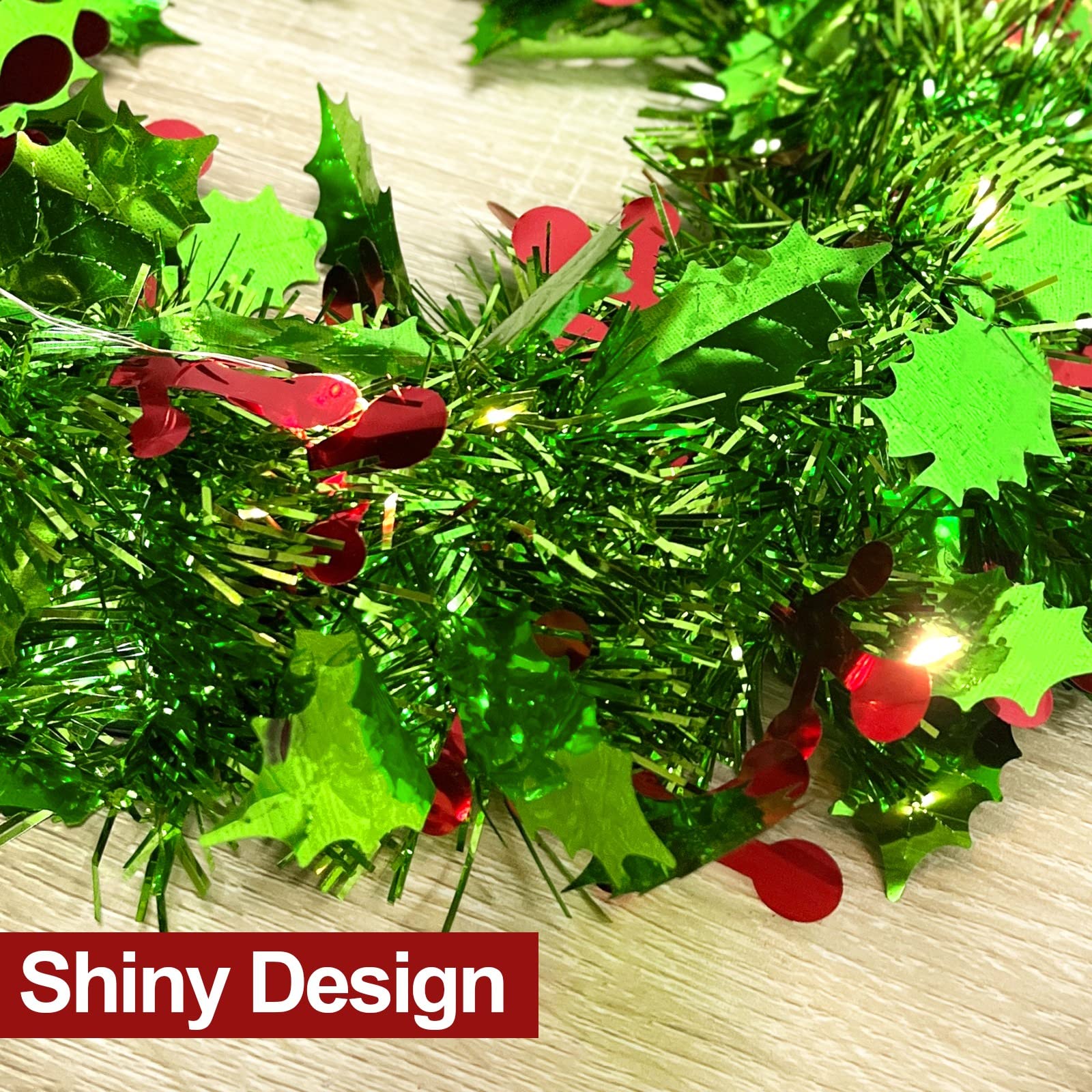 TURNMEON 3 Pack Green Tinsel Christmas Wreath with Total 30 Warm Lights Red Berries Sequins for Front Door Christmas Decorations Battery Operated Xmas Christmas