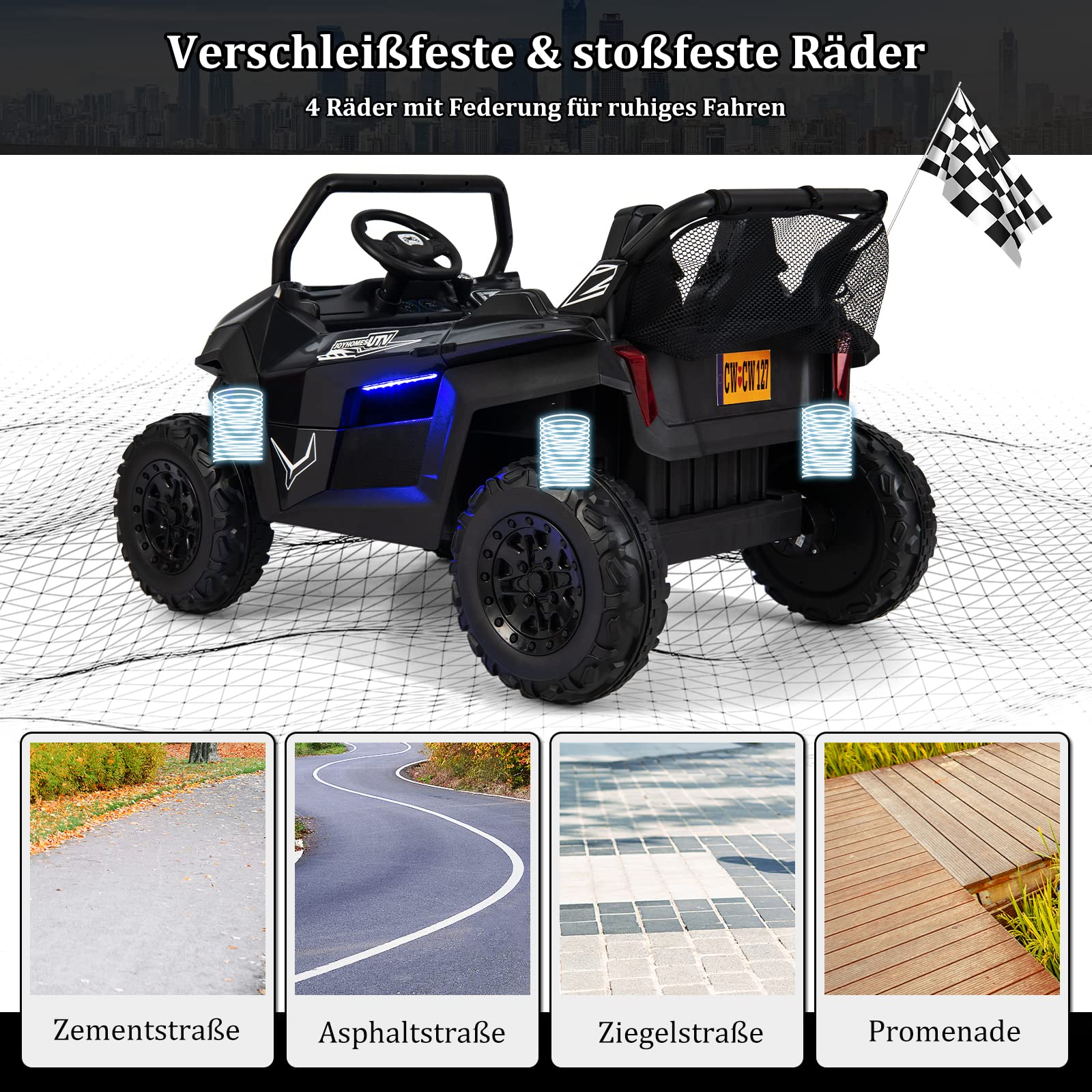 COSTWAY 2 Sitzer Kinderauto mit 2,4G Fernbedienung, 12V Kinder UTV mit Musik und Scheinwerfer, Elektro Auto 2-4 km/h, Elektroauto für Kinder ab 3 Jahren (Schwarz)