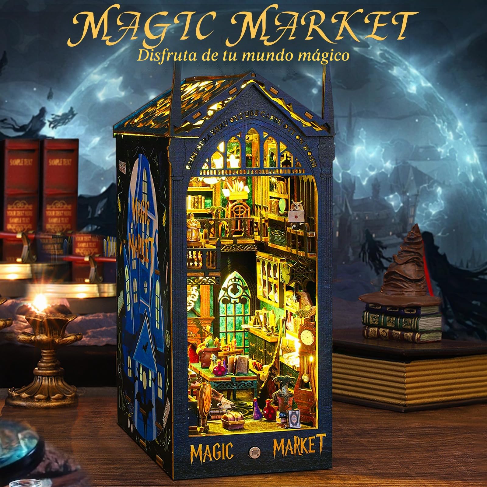 BuzzoXerex Kit Book Nook, Casa Miniatura DIY, Casa Miniatura de Madera, Kit Rincón de Libros 3D en Miniatura con Muebles y Luces LED para Decoración del Hogar Regalos Creativos (Magic Bazaar)