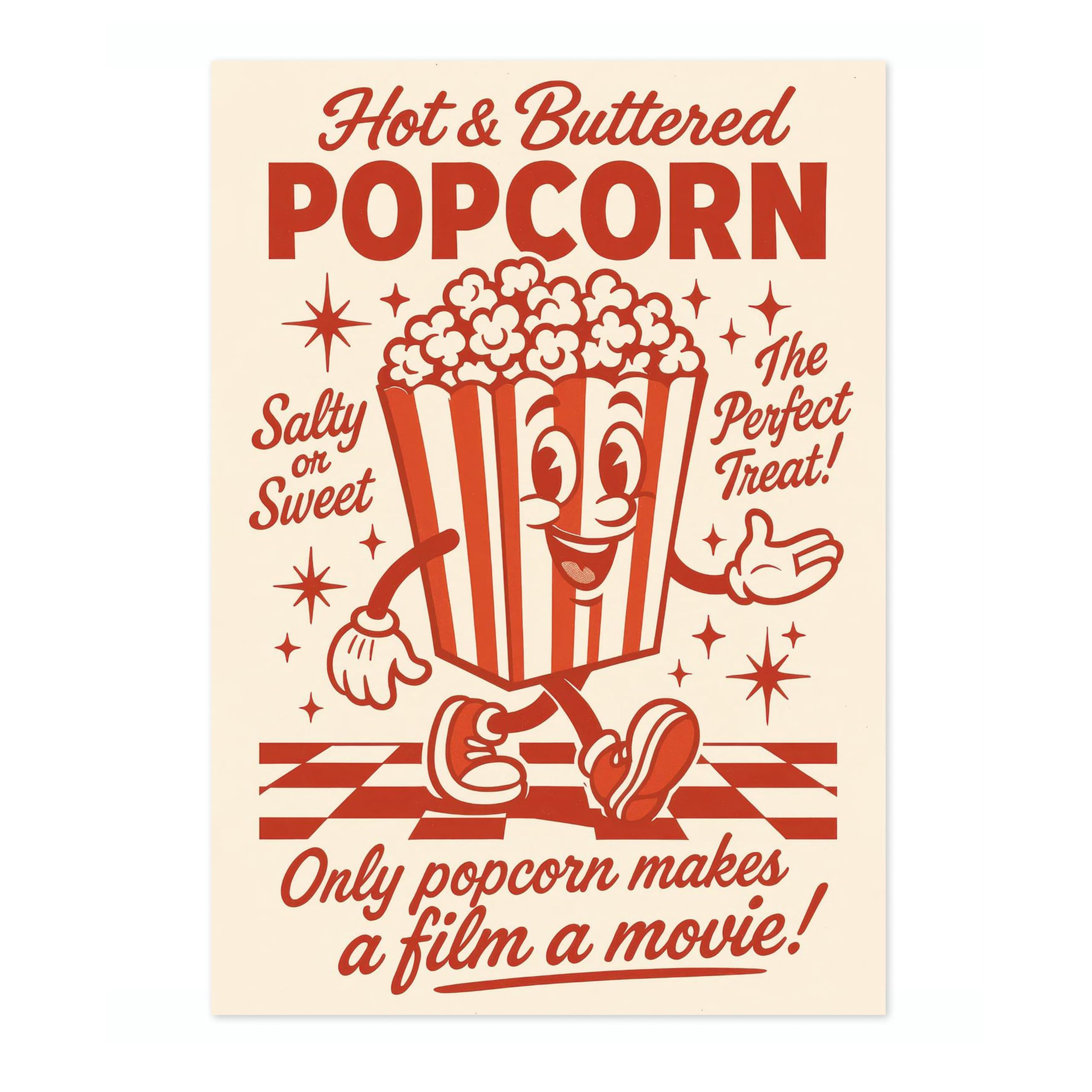 Hot & Buttered Popcorn Kitchen Wall Art, Modern Food Poster, Cartoon Mascot Prints, Kitchen Typographic Home Decor, A2 (Print Only) - 59.4x42cm โ image 1