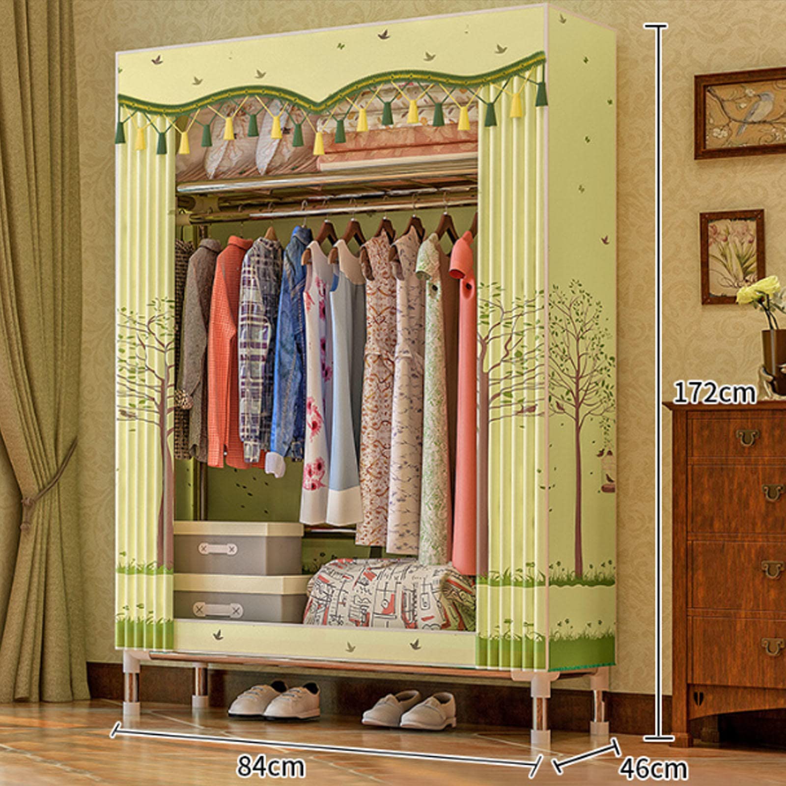 Kleiderschrank Tragbarer Kleiderschrank aus Segeltuch, Kleiderschrank-Aufbewahrungsorganisator mit Kleiderstange, Regalen, Seitentaschen, für Schlafzimmer, Wohnzimmer,E-84X46X172cm