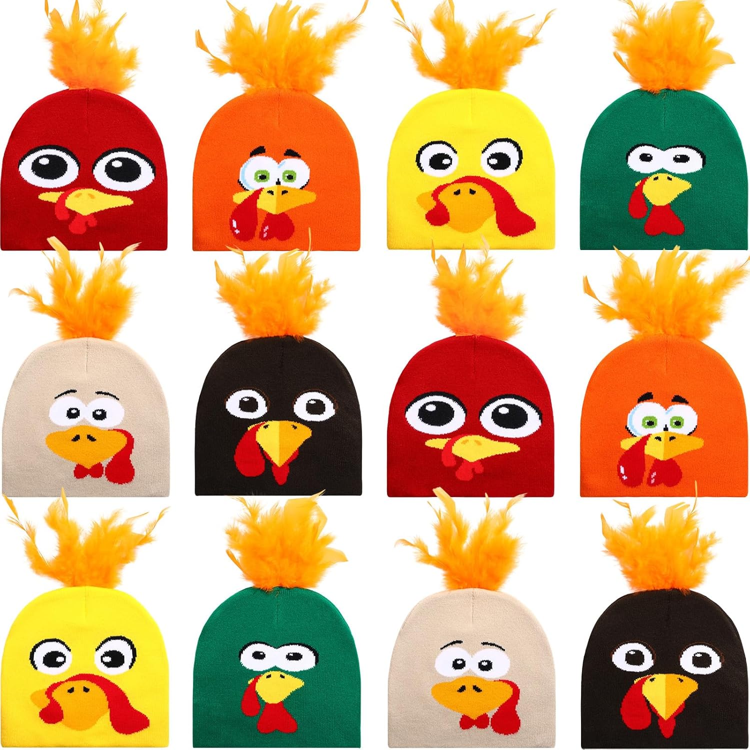 Chicingyou 12 Pcs Thanksgiving Turkey Trot Knitted Beanie Hats - 6 Colors with Orange Feathers, Funny Cosplay Caps for Party, Outdoor (Adults & Teens)