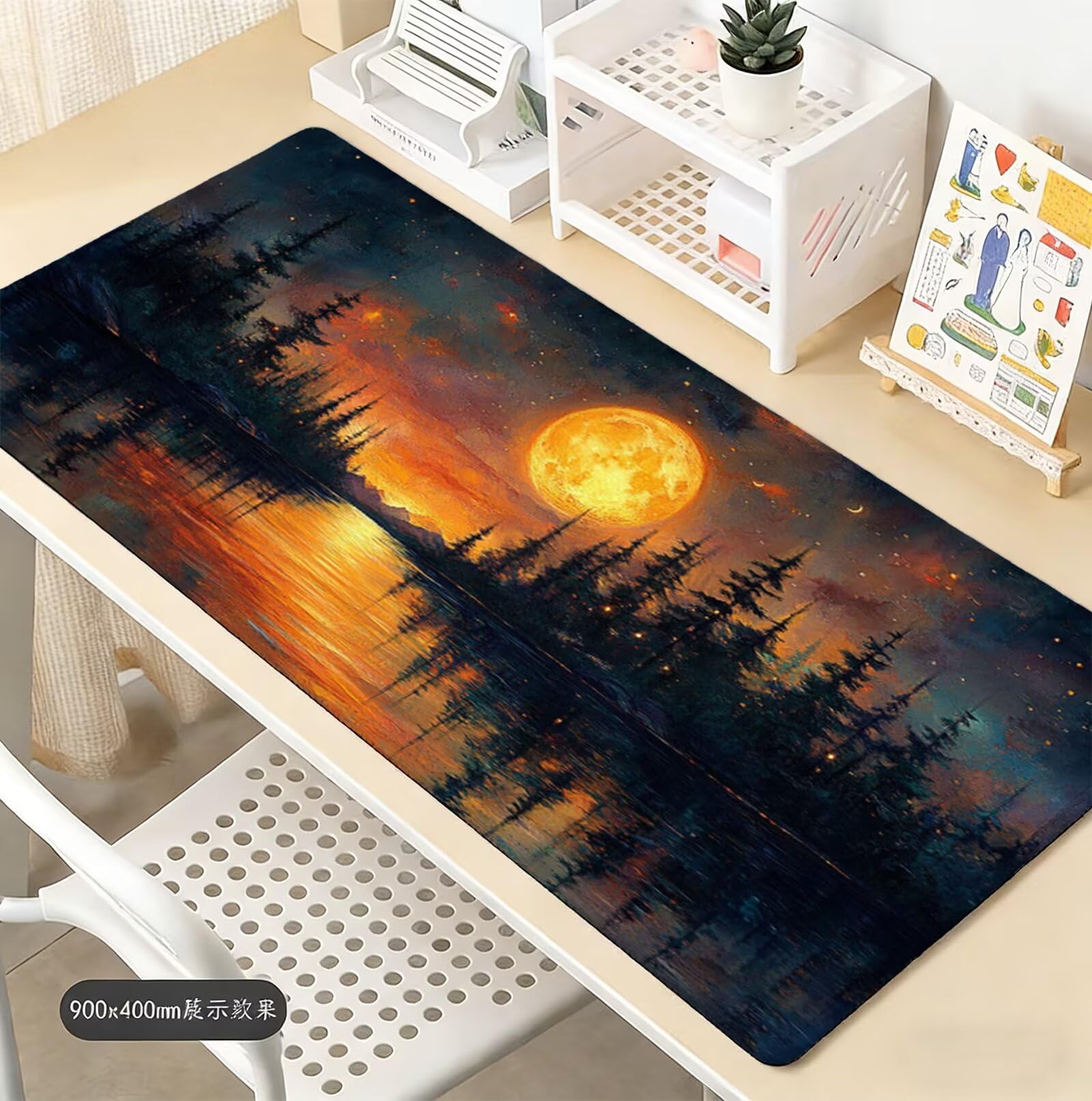 Podkładka pod mysz XXL 1400 x 600 mm podkładka pod mysz do gier księżyc, podkładka na biurko z antypoślizgową gumową podstawą, wodoodporna i antypoślizgowa podkładka pod mysz nad jeziorem, do PC