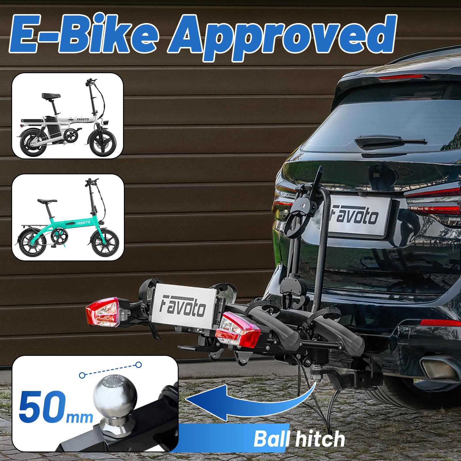 Favoto Portabicicletas E-Bike con Rampa Plegable – Soporte de Bola para 2 Bicis (60kg), Aluminio, Antirrobo, Luces 13 Pines y Soporte Matrícula