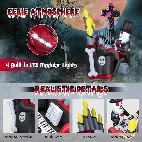 Miniatura 9 de Tangkula Piano inflable de esqueleto de Halloween de 5.2 pies, decoración al aire libre con altavoz Bluetooth y 4 luces LED, decoración de patio