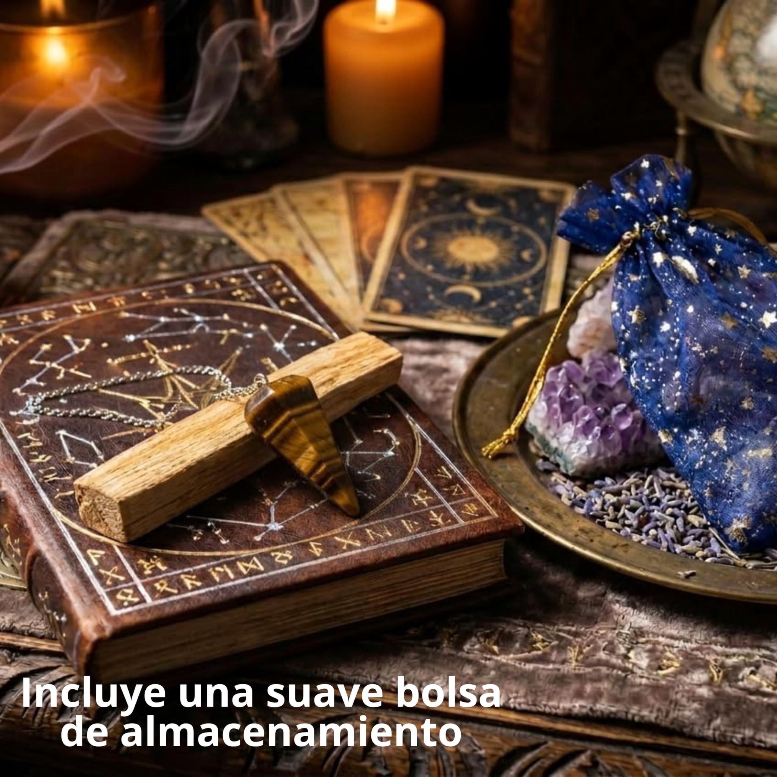 ME HECHIZAS TU Péndulo Adivinación Ojo deTigre Natural + 1 Palo Santo + Bolsa de Almacenamiento | Herramienta de Radiestesia y Meditación para Tarot, Reiki y Sanación Espiritual | Cristal Auténtico. — view 6